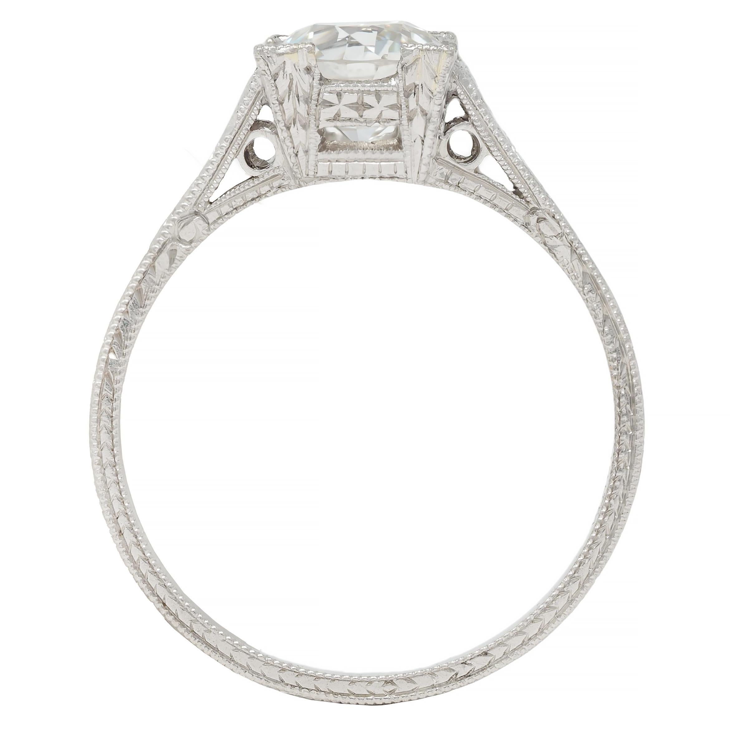 Art Deco 1.09 CTW Diamond Platinum Scroll Engraved Vintage Engagement Ring GIA 6