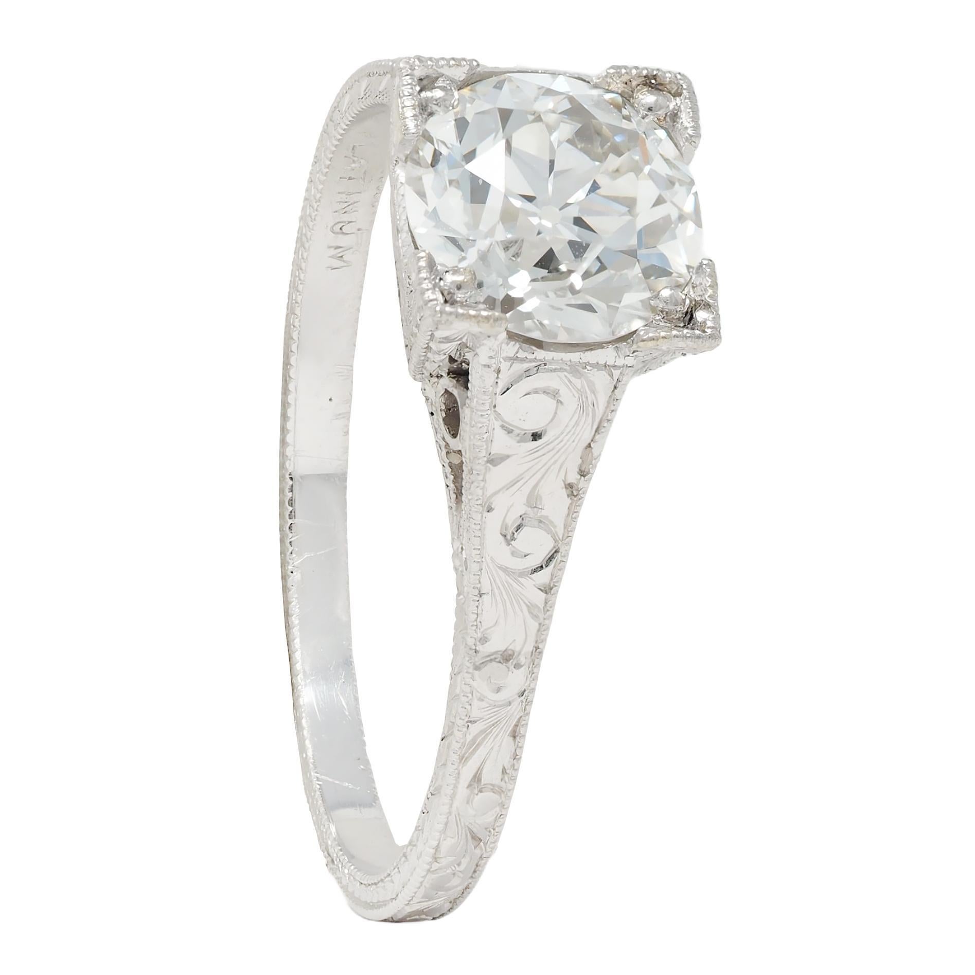 Art Deco 1.09 CTW Diamond Platinum Scroll Engraved Vintage Engagement Ring GIA 7