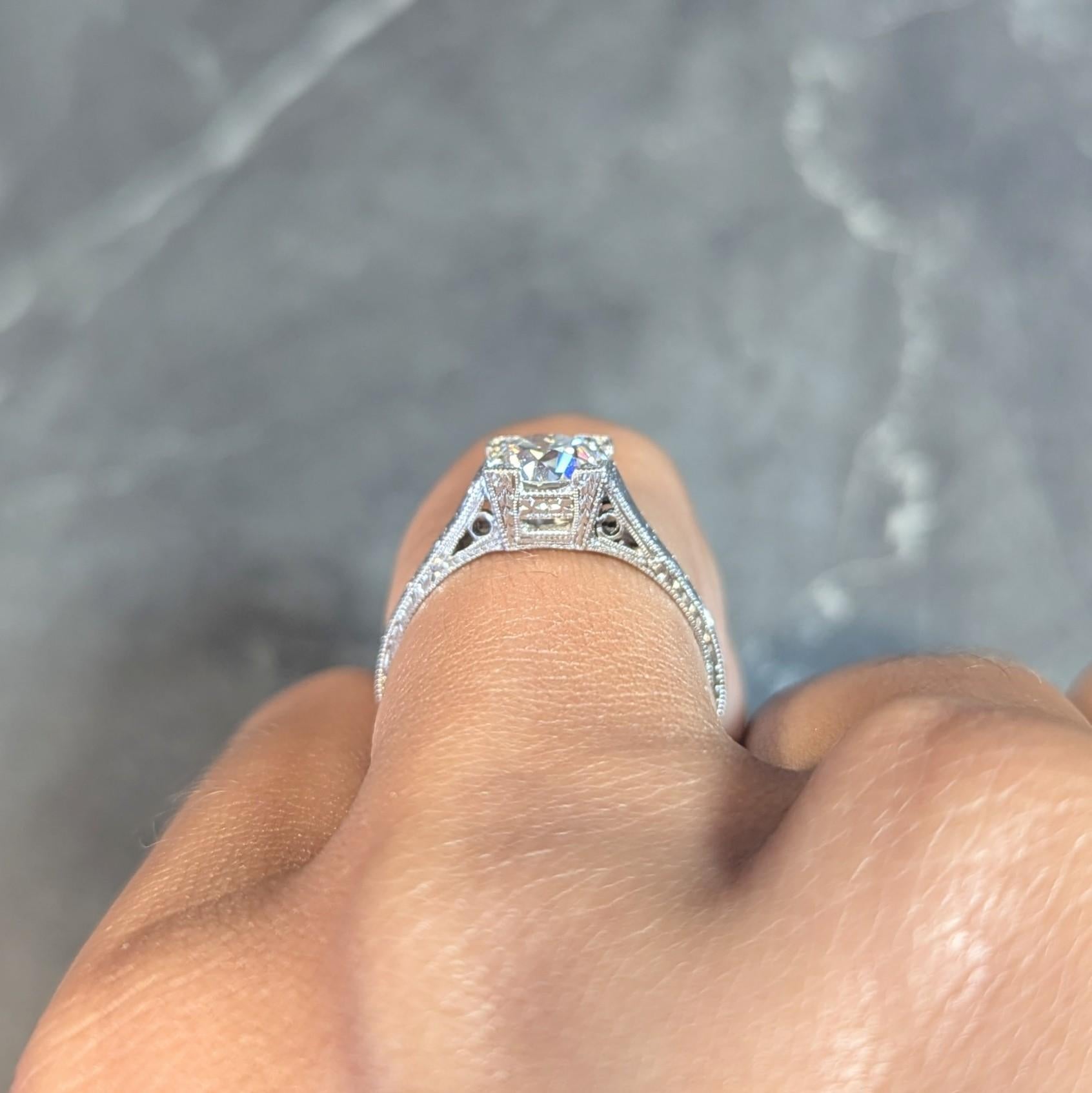 Art Deco 1.09 CTW Diamond Platinum Scroll Engraved Vintage Engagement Ring GIA 8
