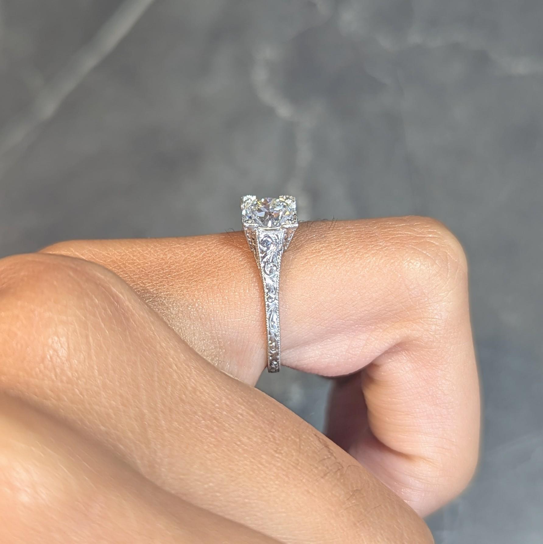 Art Deco 1.09 CTW Diamond Platinum Scroll Engraved Vintage Engagement Ring GIA 9