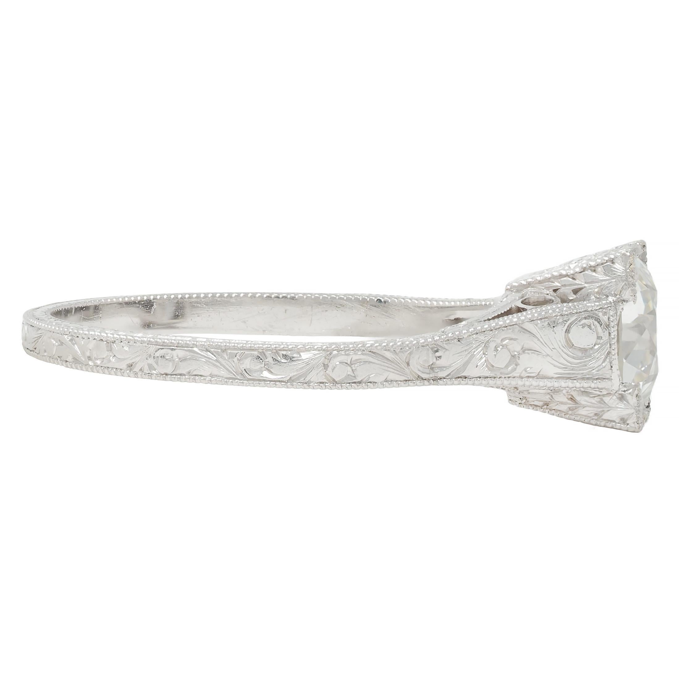 Art Deco 1.09 CTW Diamond Platinum Scroll Engraved Vintage Engagement Ring GIA In Excellent Condition In Philadelphia, PA