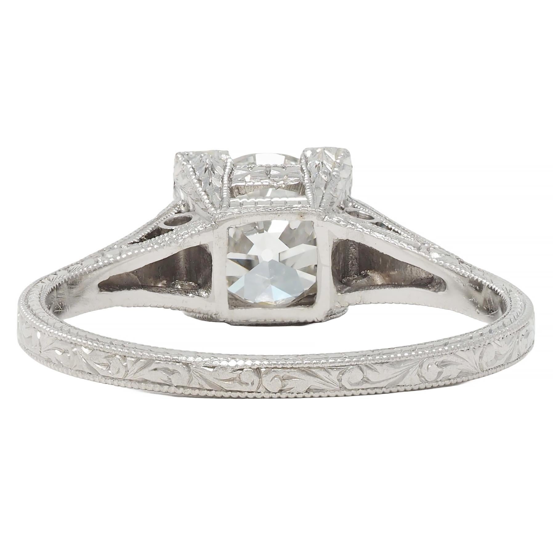 Women's Art Deco 1.09 CTW Diamond Platinum Scroll Engraved Vintage Engagement Ring GIA