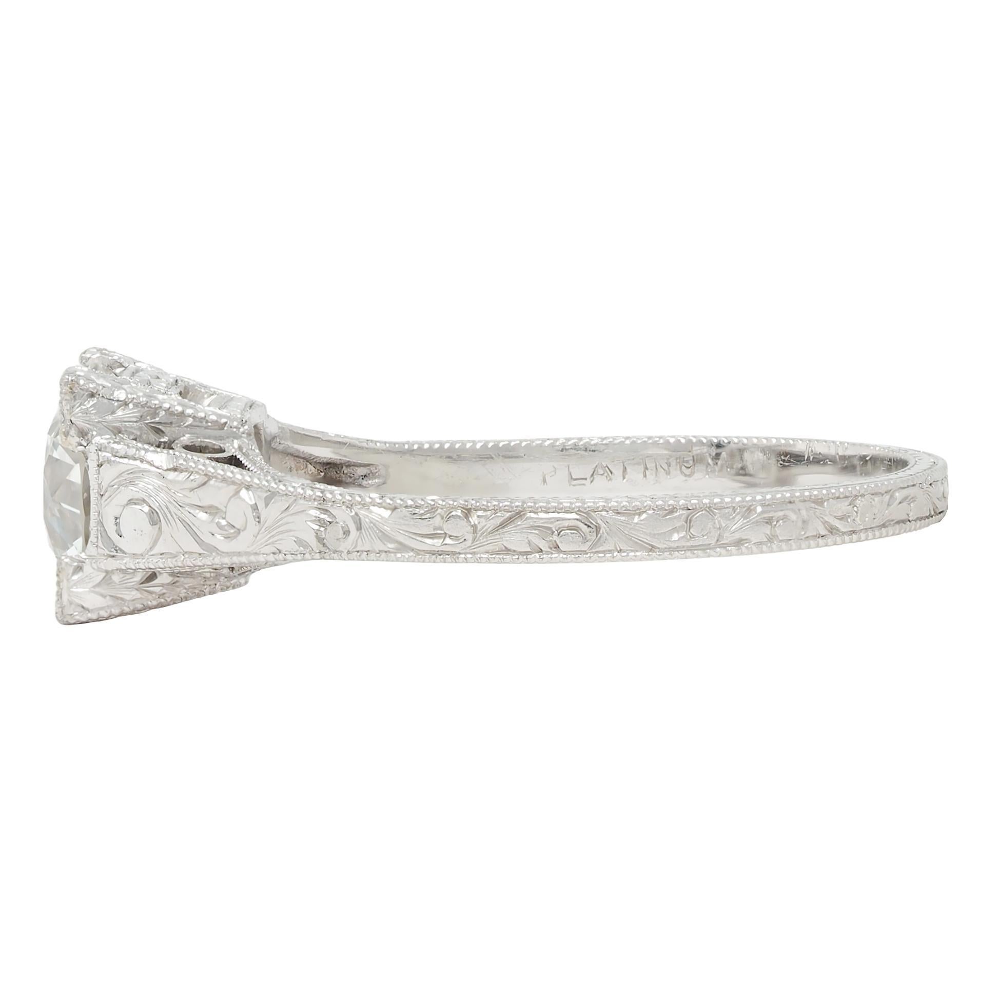 Art Deco 1.09 CTW Diamond Platinum Scroll Engraved Vintage Engagement Ring GIA 1