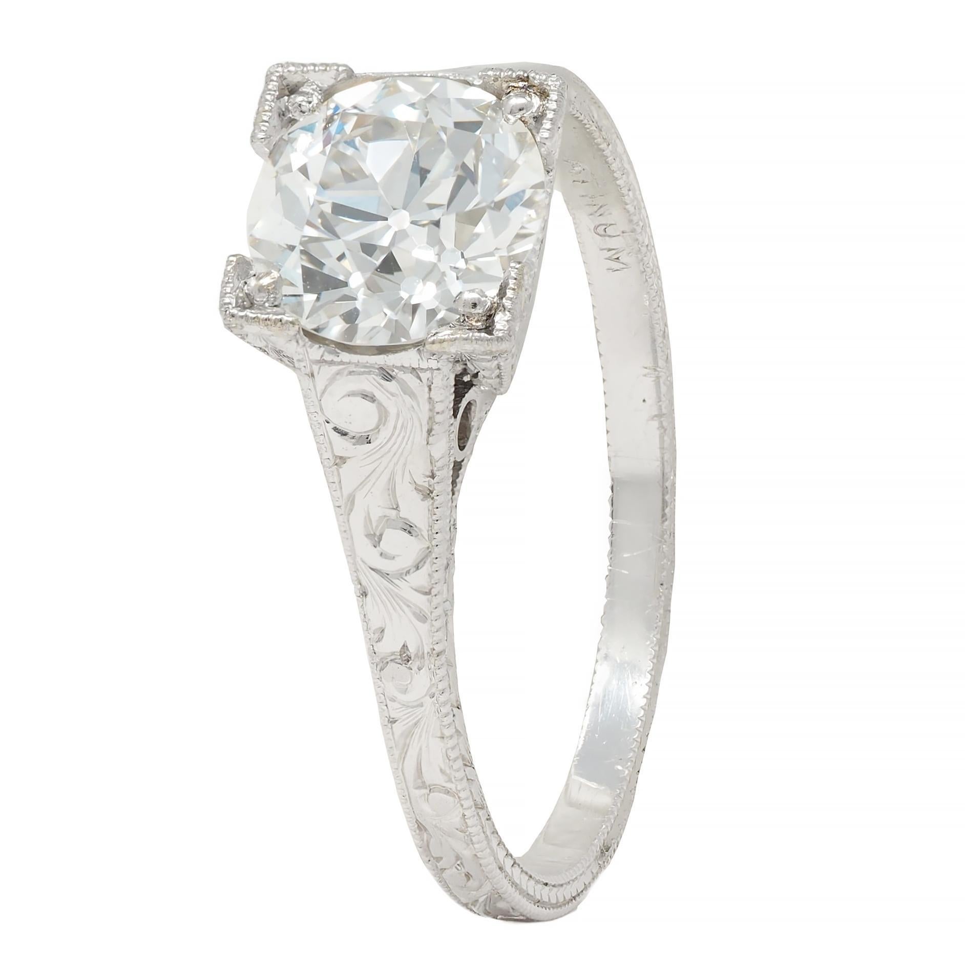 Art Deco 1.09 CTW Diamond Platinum Scroll Engraved Vintage Engagement Ring GIA 3