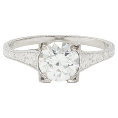 Art Deco 1.09 CTW Diamond Platinum Scroll Engraved Vintage Engagement Ring GIA
