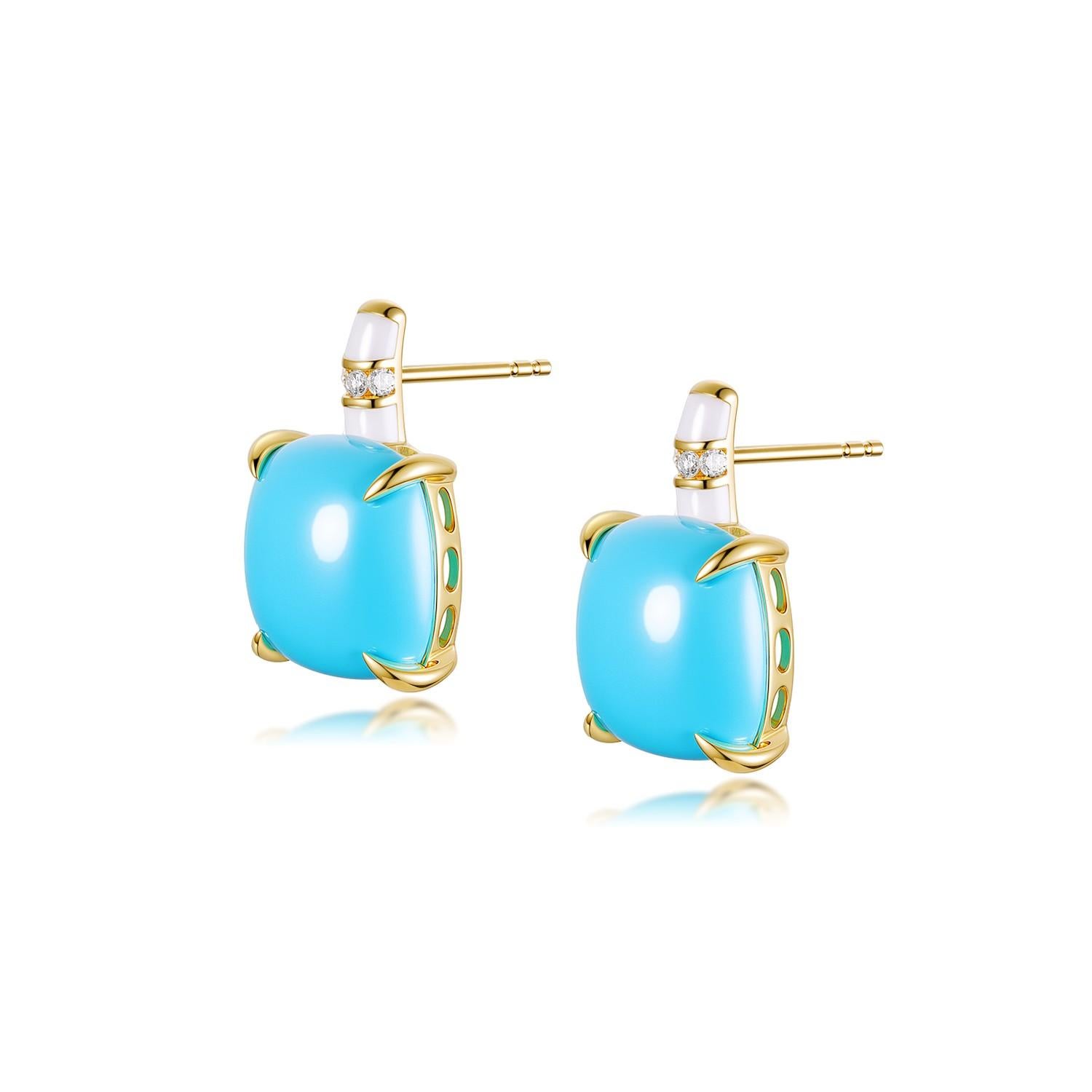 Una miscela magistrale di colori audaci e raffinata maestria artigianale, questi straordinari orecchini a perno presentano vibranti cabochon di turchese con taglio a cuscino per un totale di 10,91 carati, tenuti saldamente in un'elegante montatura a