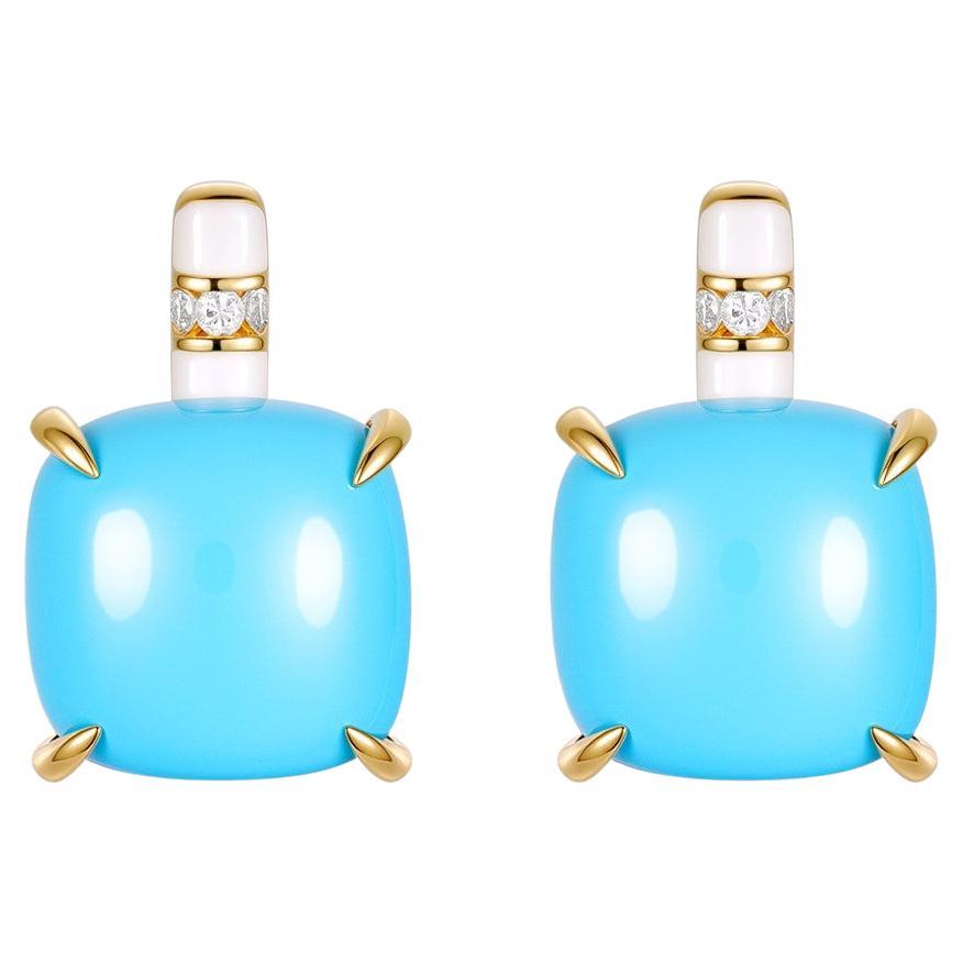 Art Deco 10.91Ct Sleeping Beauty Turquoise Diamond Earrings in 14K Yellow Gold