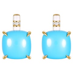 Art Deco 10.91Ct Sleeping Beauty Turquoise Diamond Earrings in 14K Yellow Gold