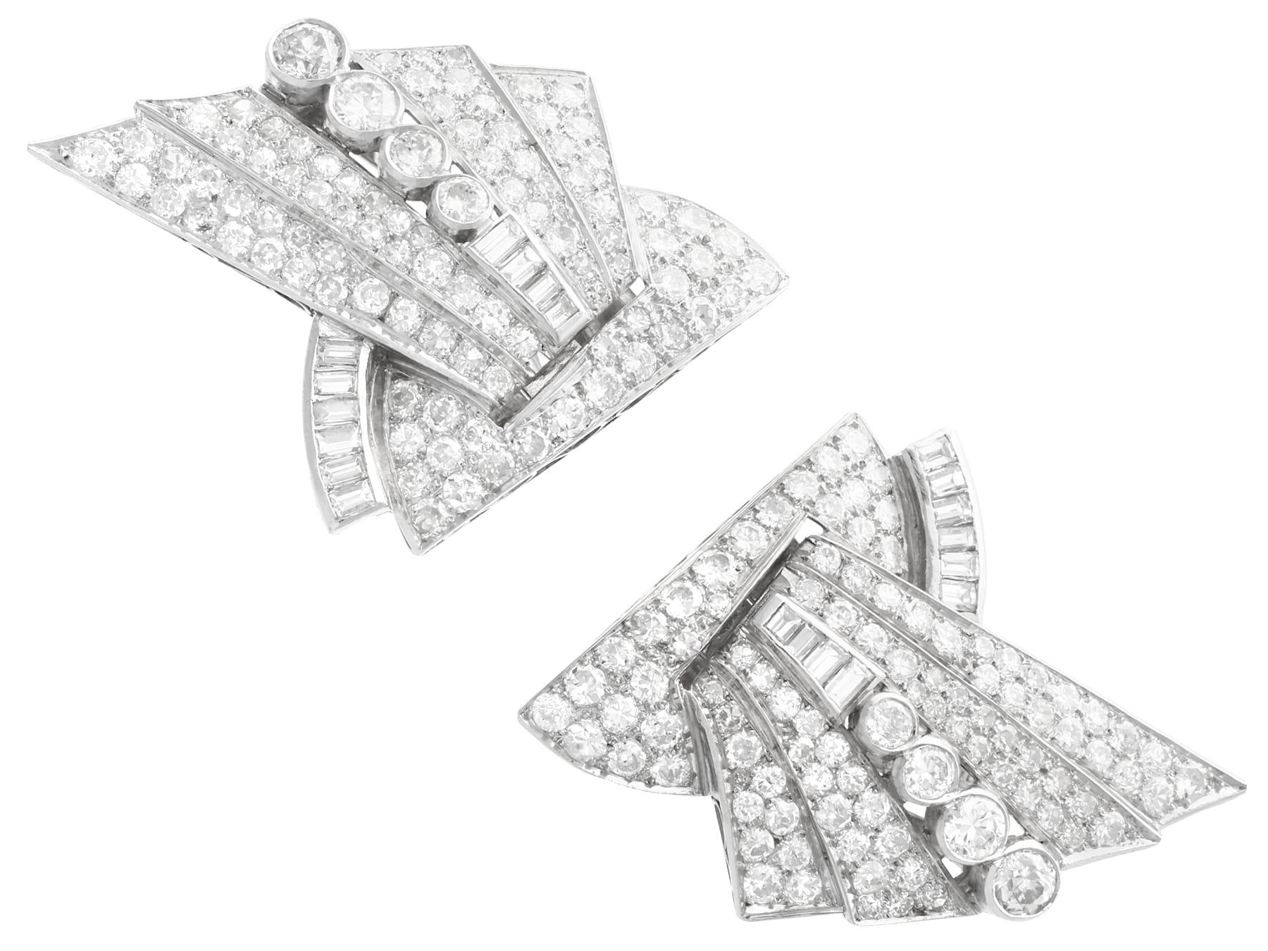 Round Cut Art Deco 10.95 Carat Diamond Duette Double Clip Brooch in Platinum For Sale