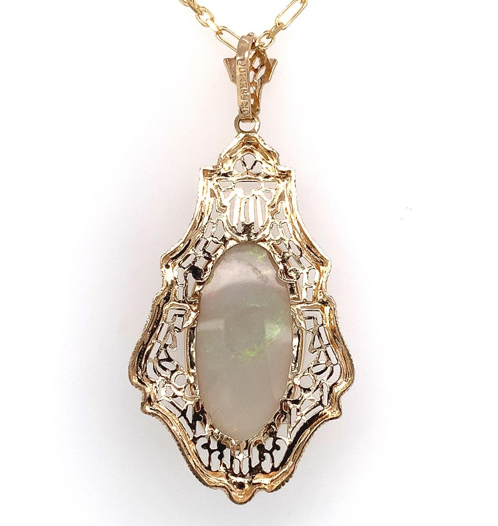Women's Art Deco 10K 4.73ct Opal Filigree Pendant Necklace For Sale