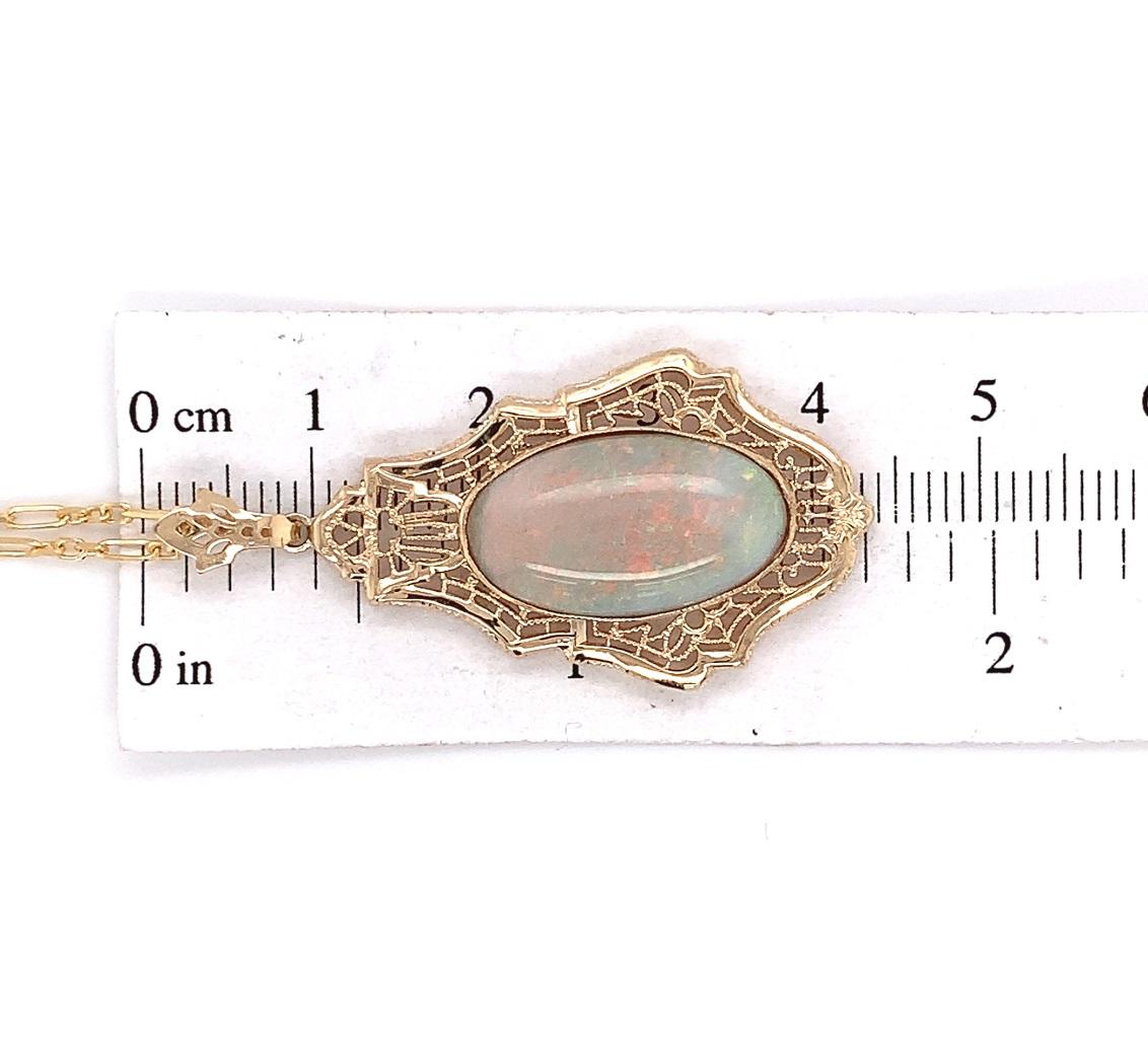 Art Deco 10K 4.73ct Opal Filigree Pendant Necklace For Sale 2