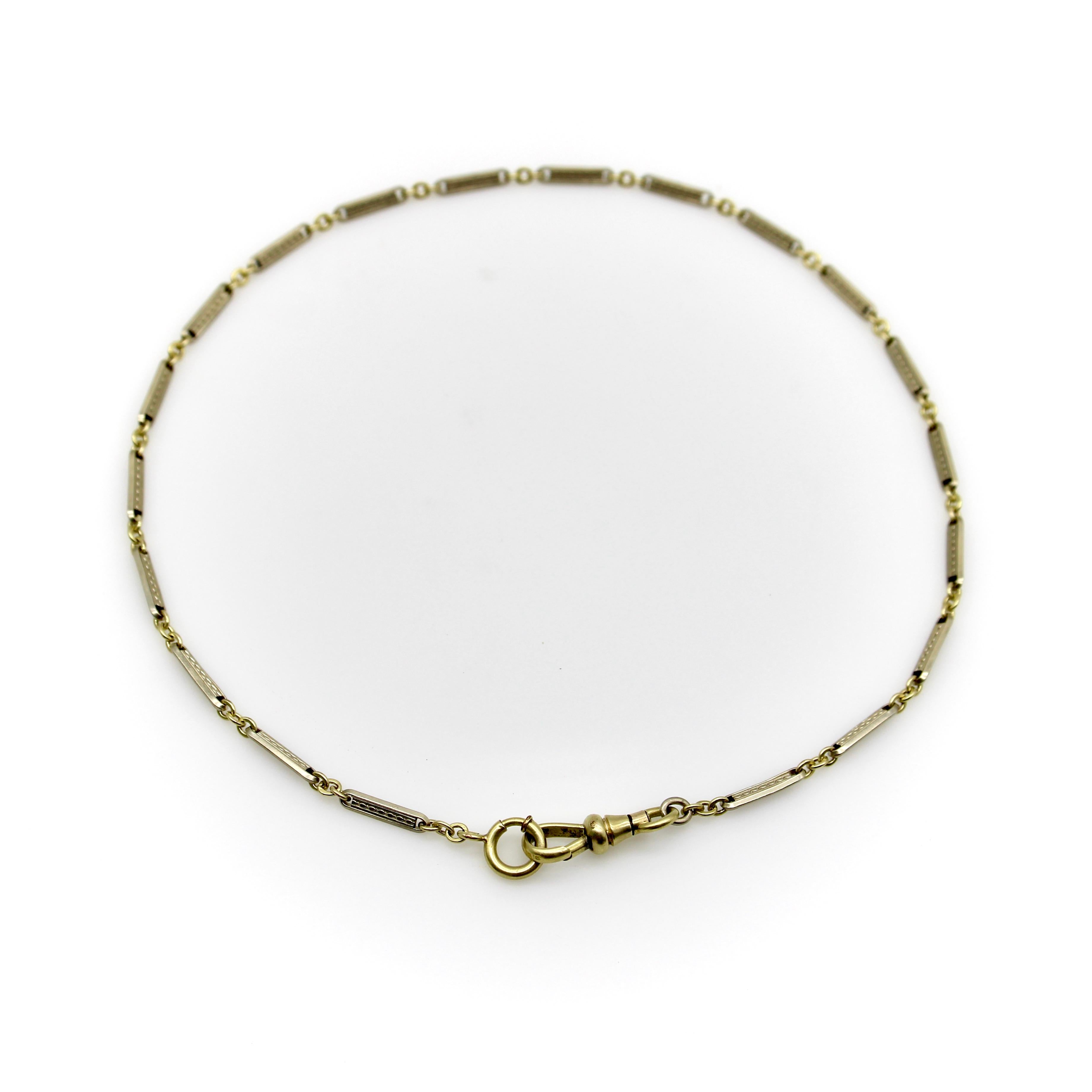 Art Deco 10K Gold Bi-Colored Watch Chain with 14K Gold Dog Clip and Spring Ring In Good Condition For Sale In Venice, CA