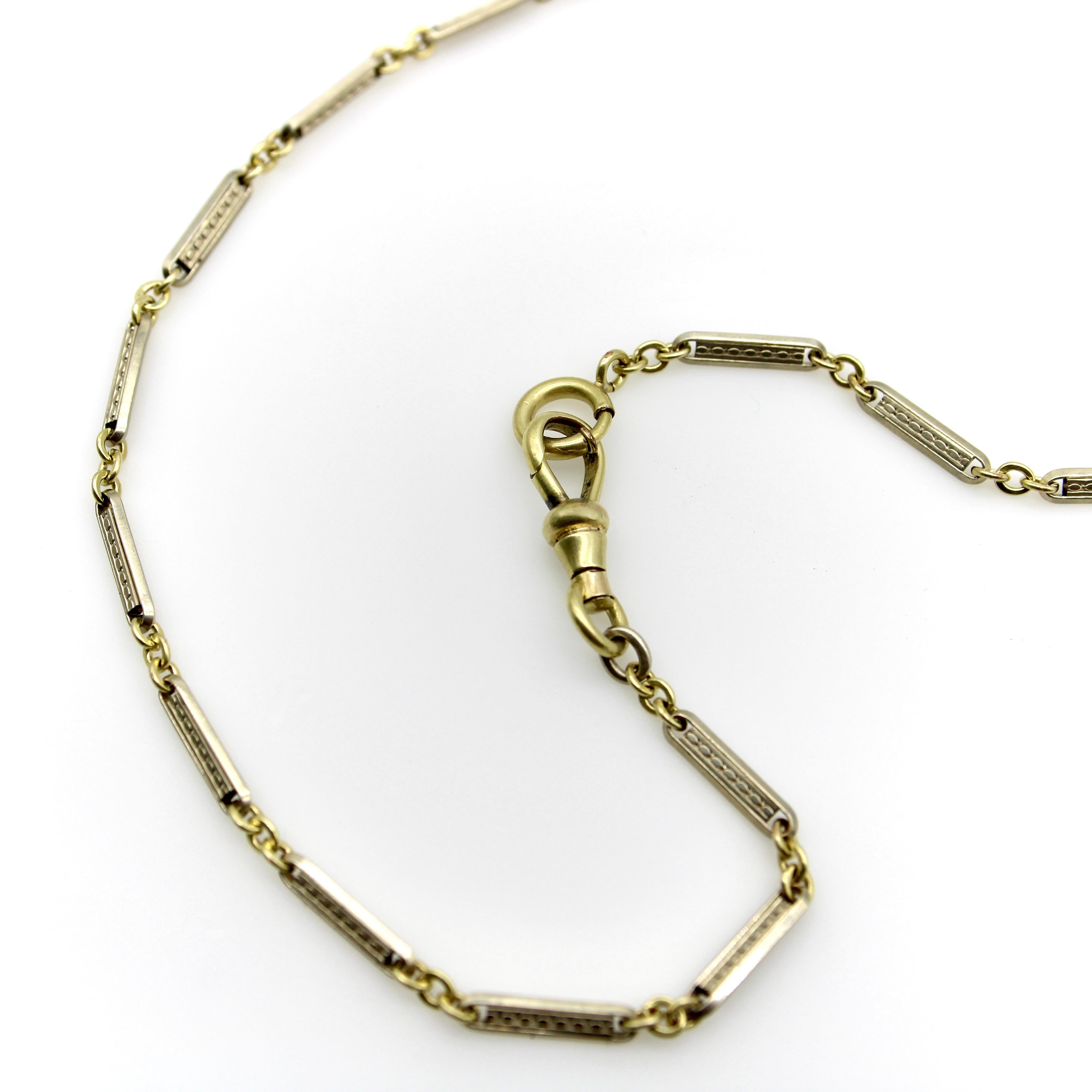 Women's or Men's Art Deco 10K Gold Bi-Colored Watch Chain with 14K Gold Dog Clip and Spring Ring For Sale