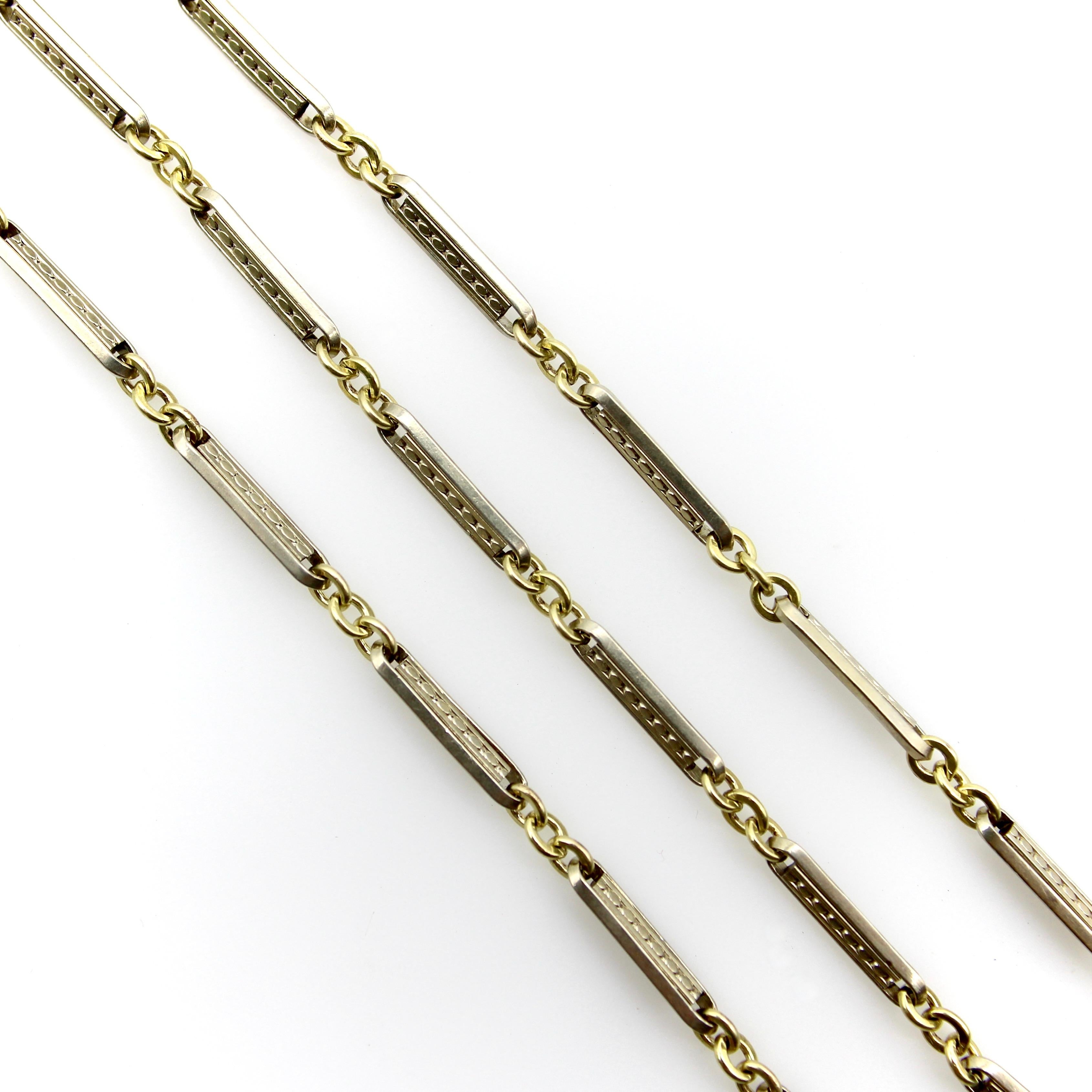 Art Deco 10K Gold Bi-Colored Watch Chain with 14K Gold Dog Clip and Spring Ring For Sale 1