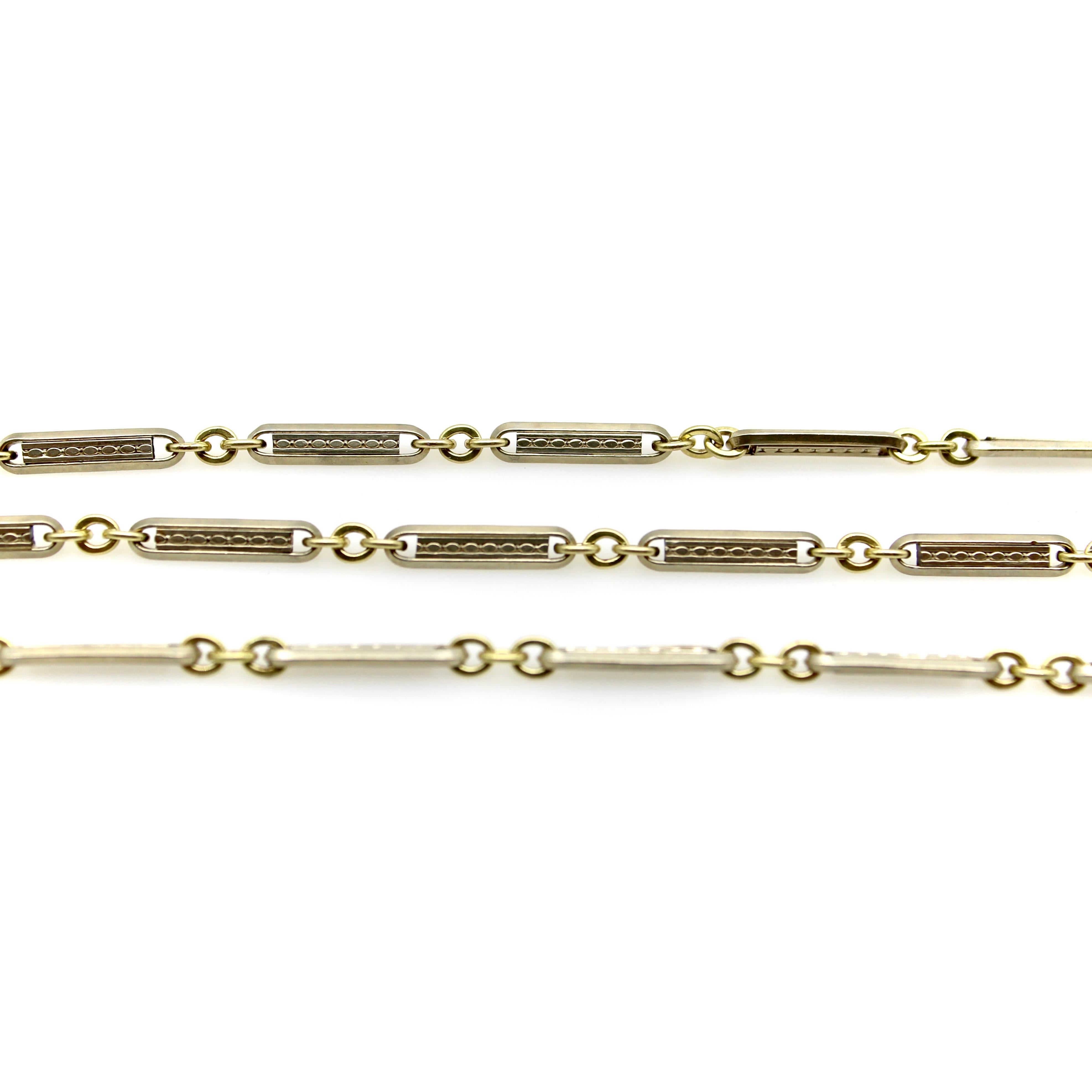 Art Deco 10K Gold Bi-Colored Watch Chain with 14K Gold Dog Clip and Spring Ring For Sale 2