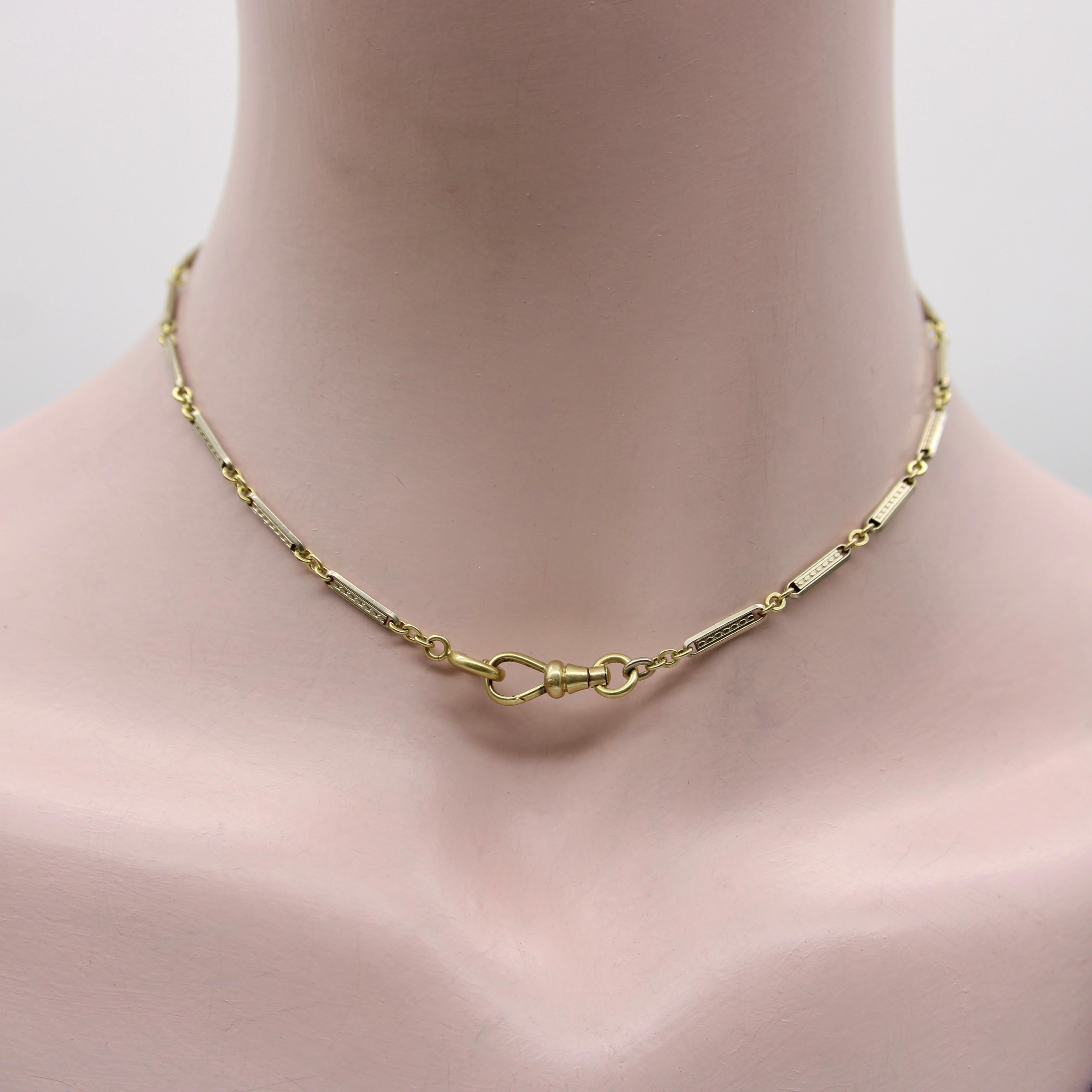 Art Deco 10K Gold Bi-Colored Watch Chain with 14K Gold Dog Clip and Spring Ring For Sale 3