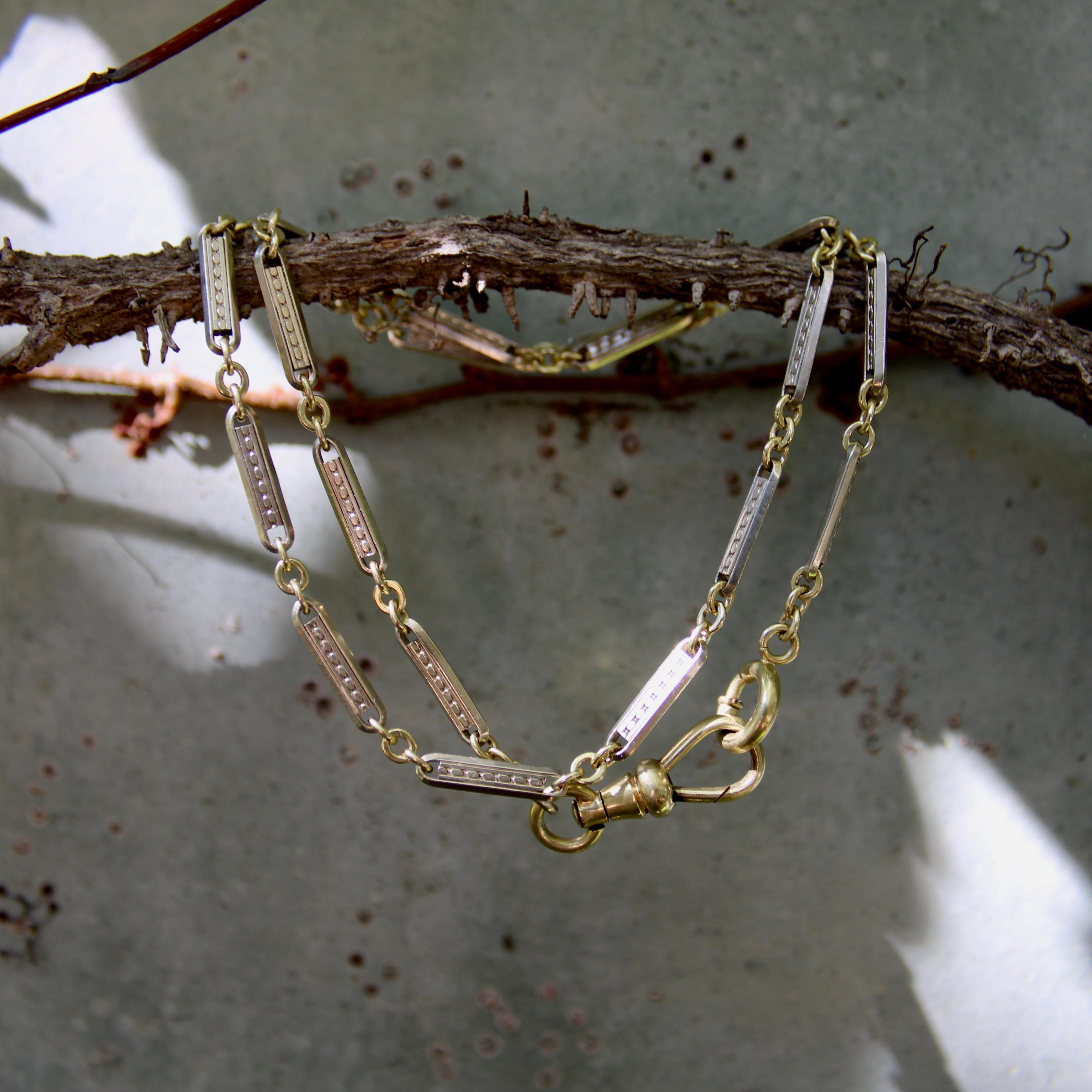 Art Deco 10K Gold Bi-Colored Watch Chain with 14K Gold Dog Clip and Spring Ring For Sale 4