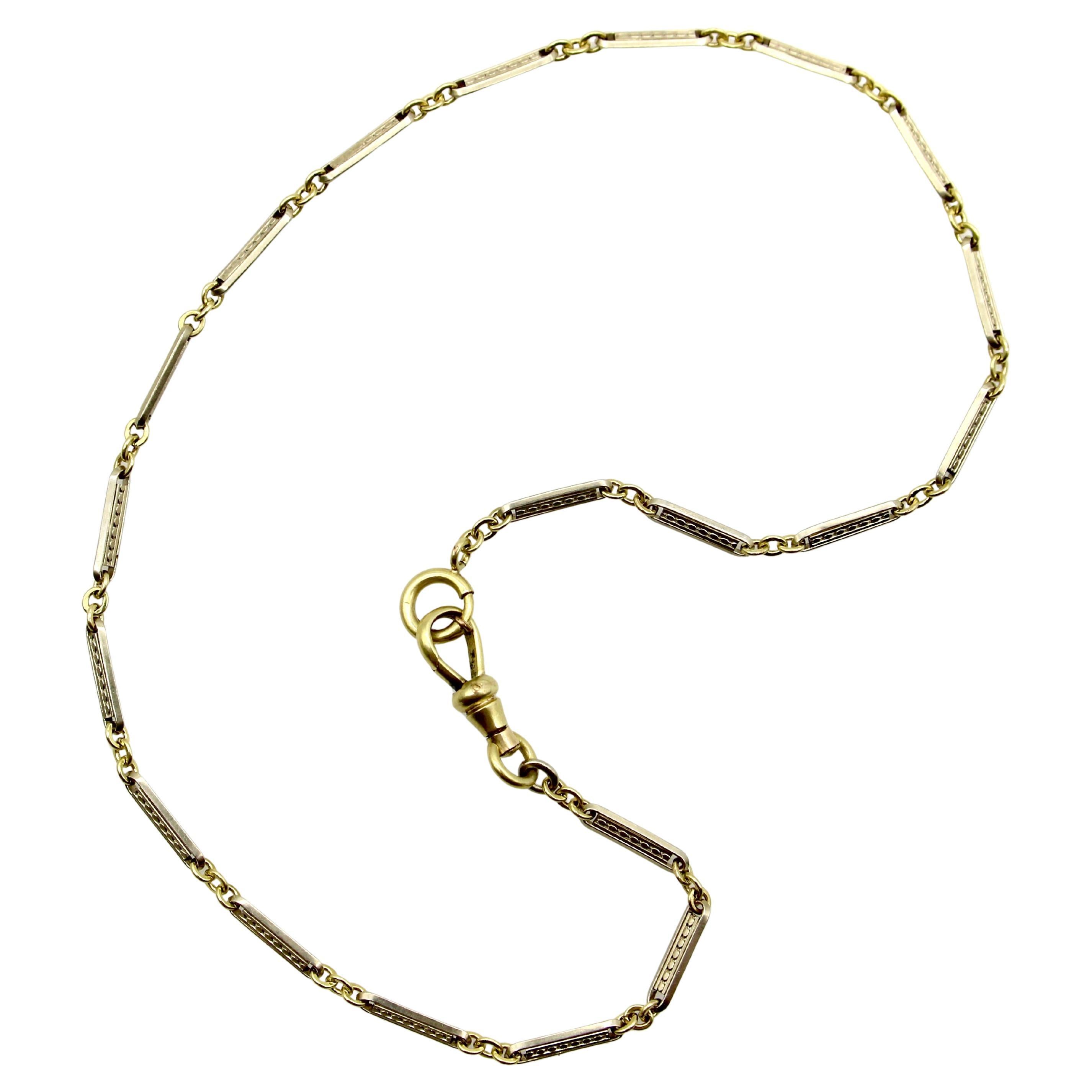 Art Deco 10K Gold Bi-Colored Watch Chain with 14K Gold Dog Clip and Spring Ring For Sale