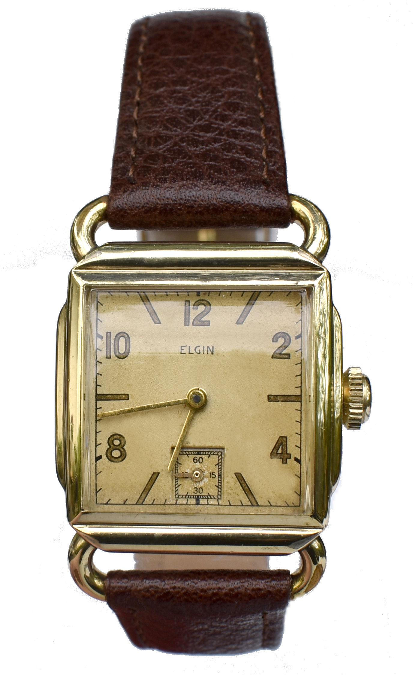 Art Deco 10k Gold gefüllte Herrenarmbanduhr von Elgin, Fully Serviced , um 1946 im Angebot 5