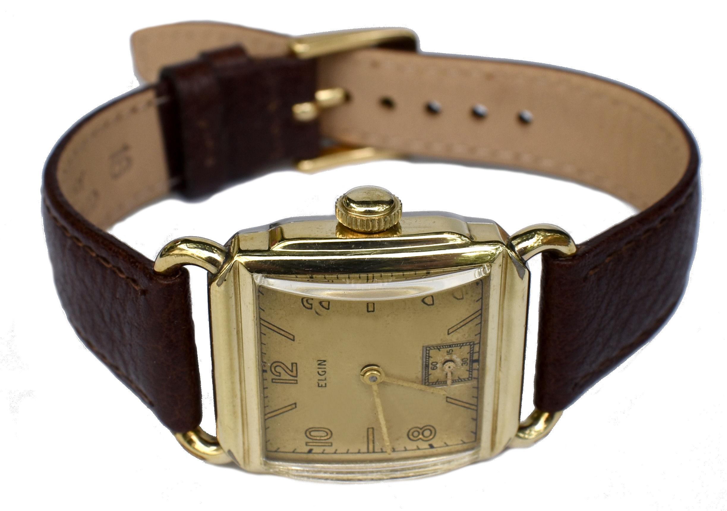 Art Deco 10k Gold Filled Gents Wrist Watch By Elgin, Fully Serviced , c1946 For Sale 5