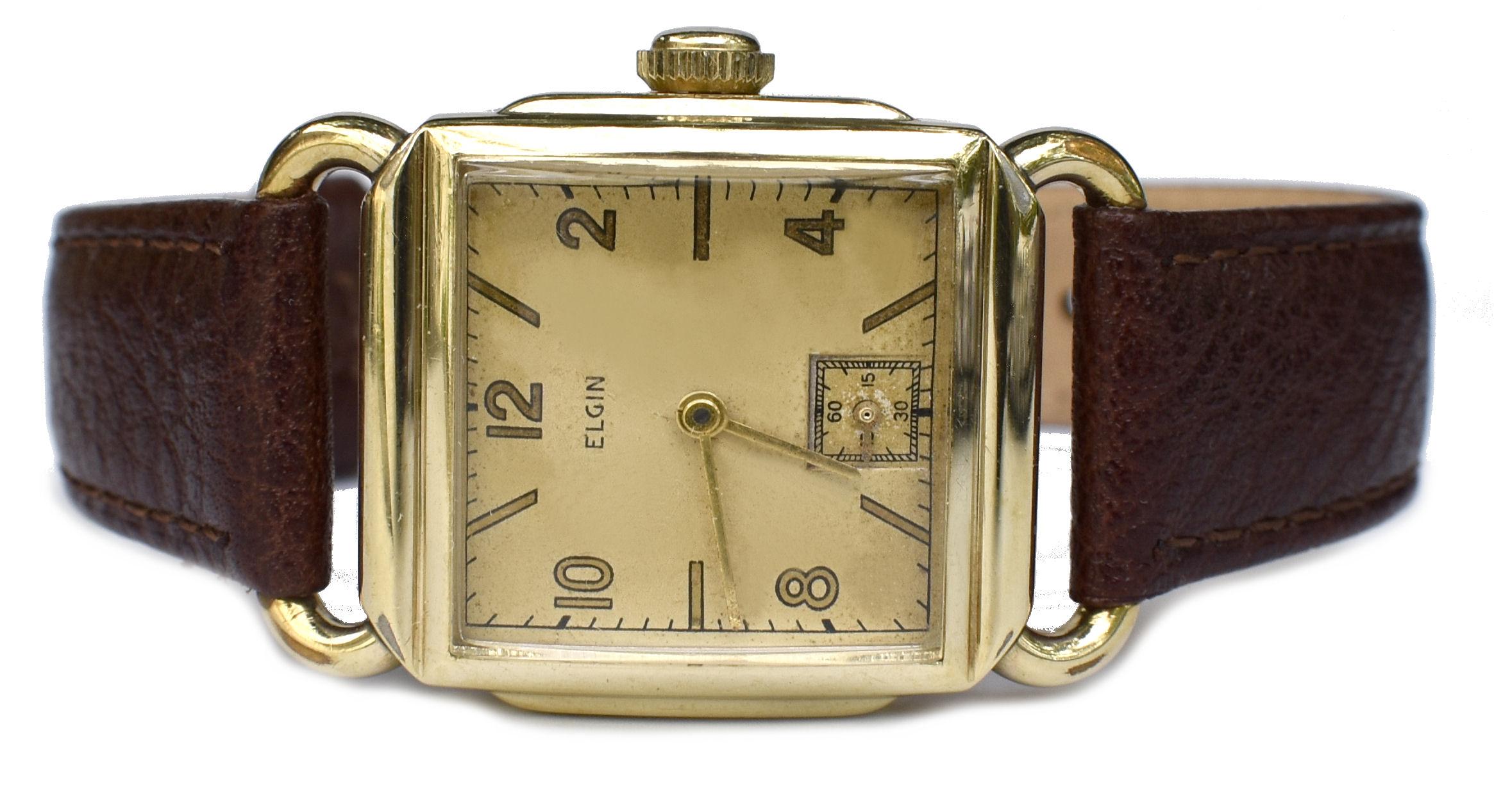 Art Deco 10k Gold gefüllte Herrenarmbanduhr von Elgin, Fully Serviced , um 1946 im Angebot 8