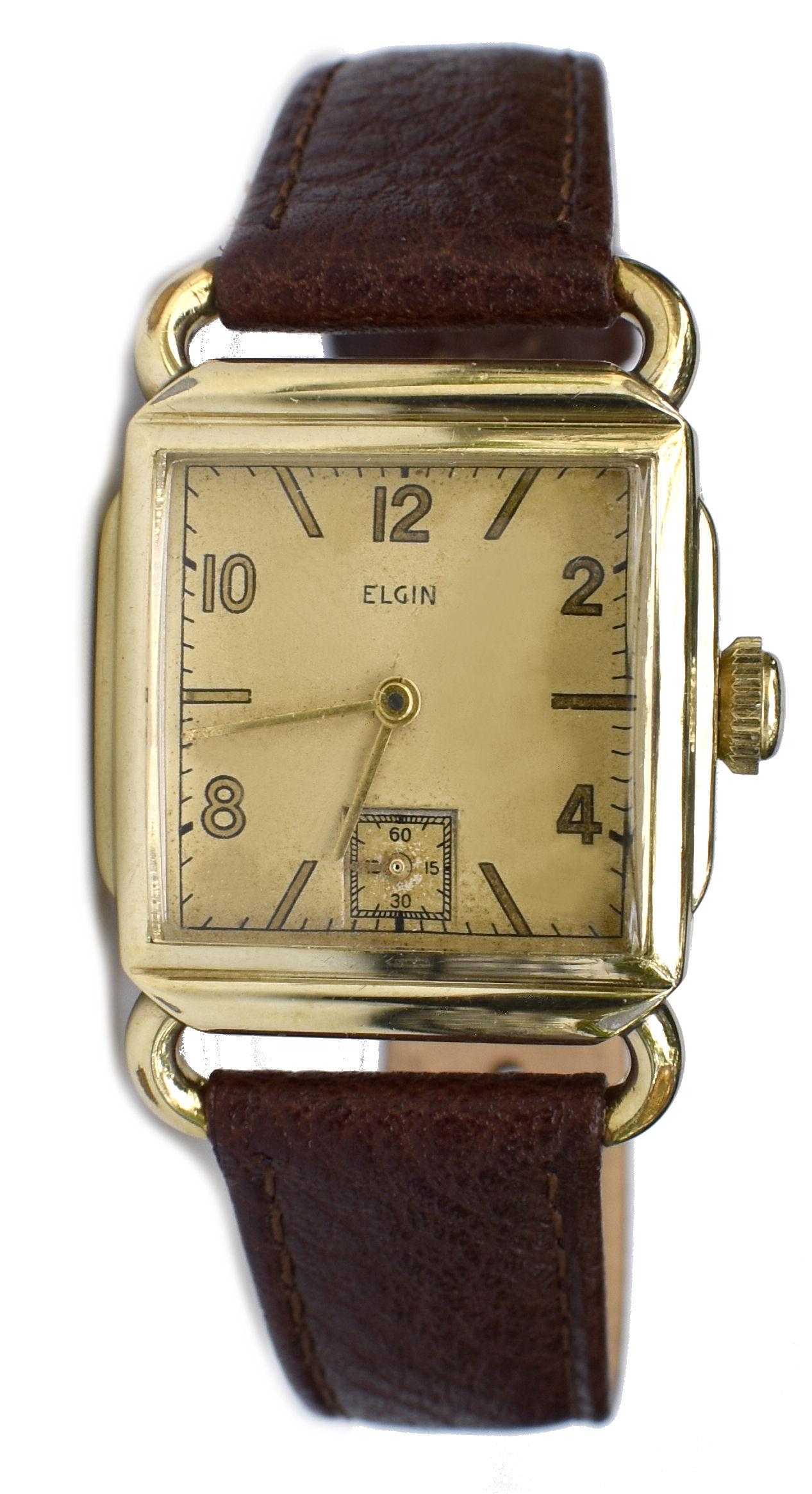 Art Deco 10k Gold gefüllte Herrenarmbanduhr von Elgin, Fully Serviced , um 1946 im Angebot 9