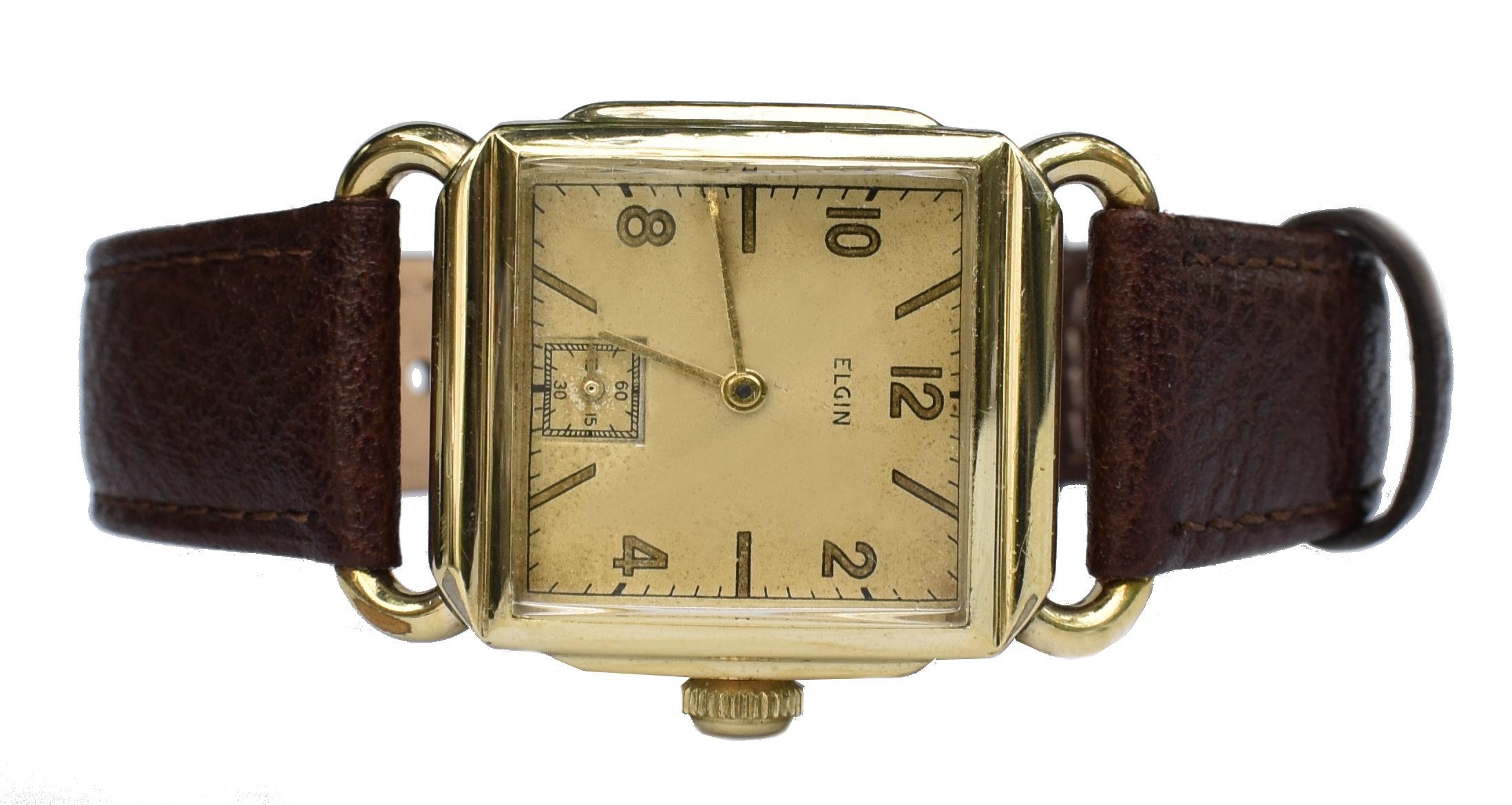Art Deco 10k Gold gefüllte Herrenarmbanduhr von Elgin, Fully Serviced , um 1946 im Angebot 10