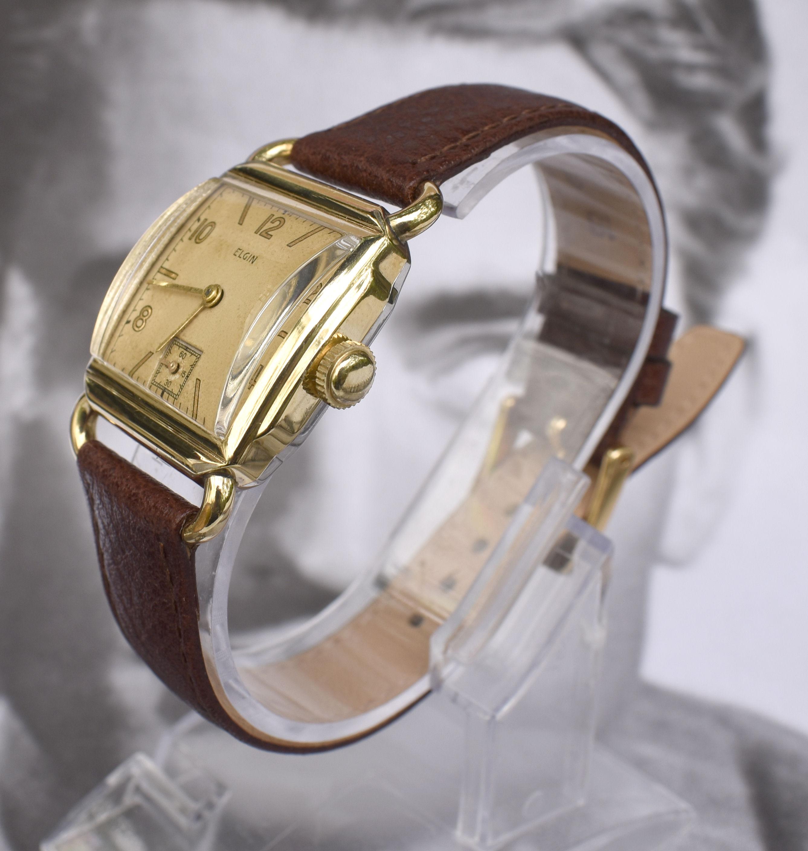 Art Deco 10k Gold gefüllte Herrenarmbanduhr von Elgin, Fully Serviced , um 1946 im Zustand „Gut“ im Angebot in Westward ho, GB