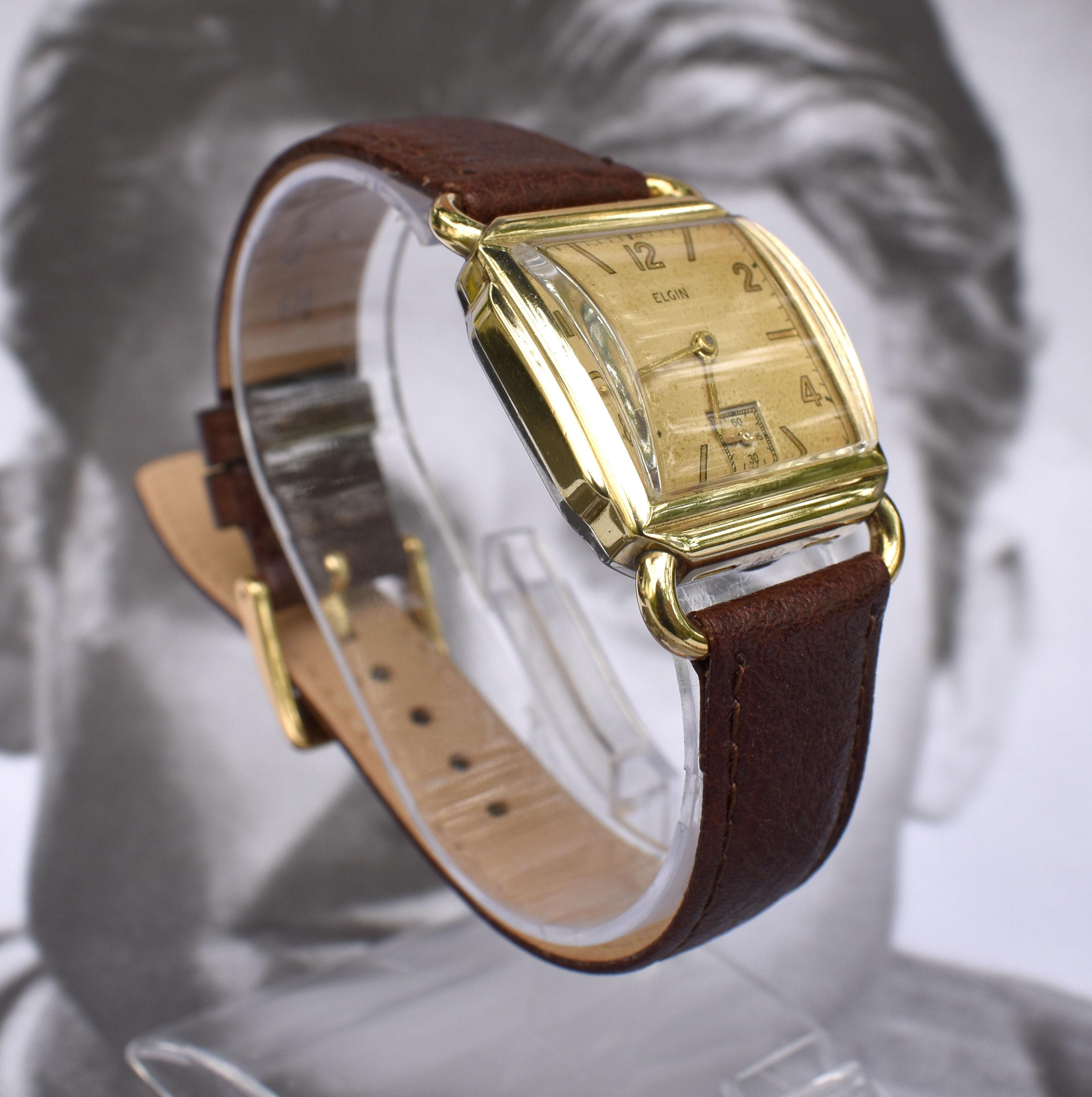 Men's Art Deco 10k Gold Filled Gents Wrist Watch By Elgin, Fully Serviced , c1946 For Sale