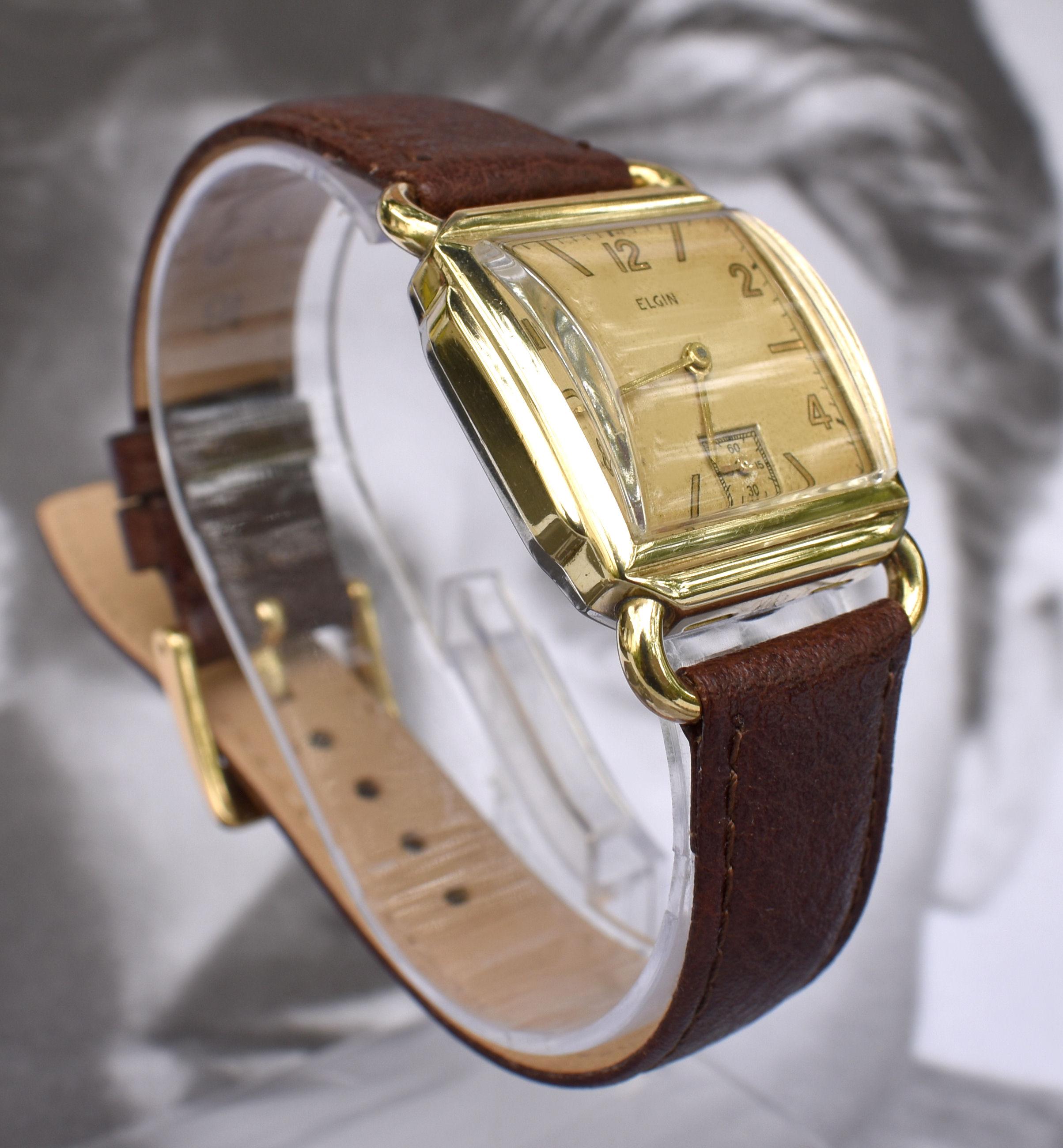 Art Deco 10k Gold Filled Gents Wrist Watch By Elgin, Fully Serviced , c1946 For Sale 1