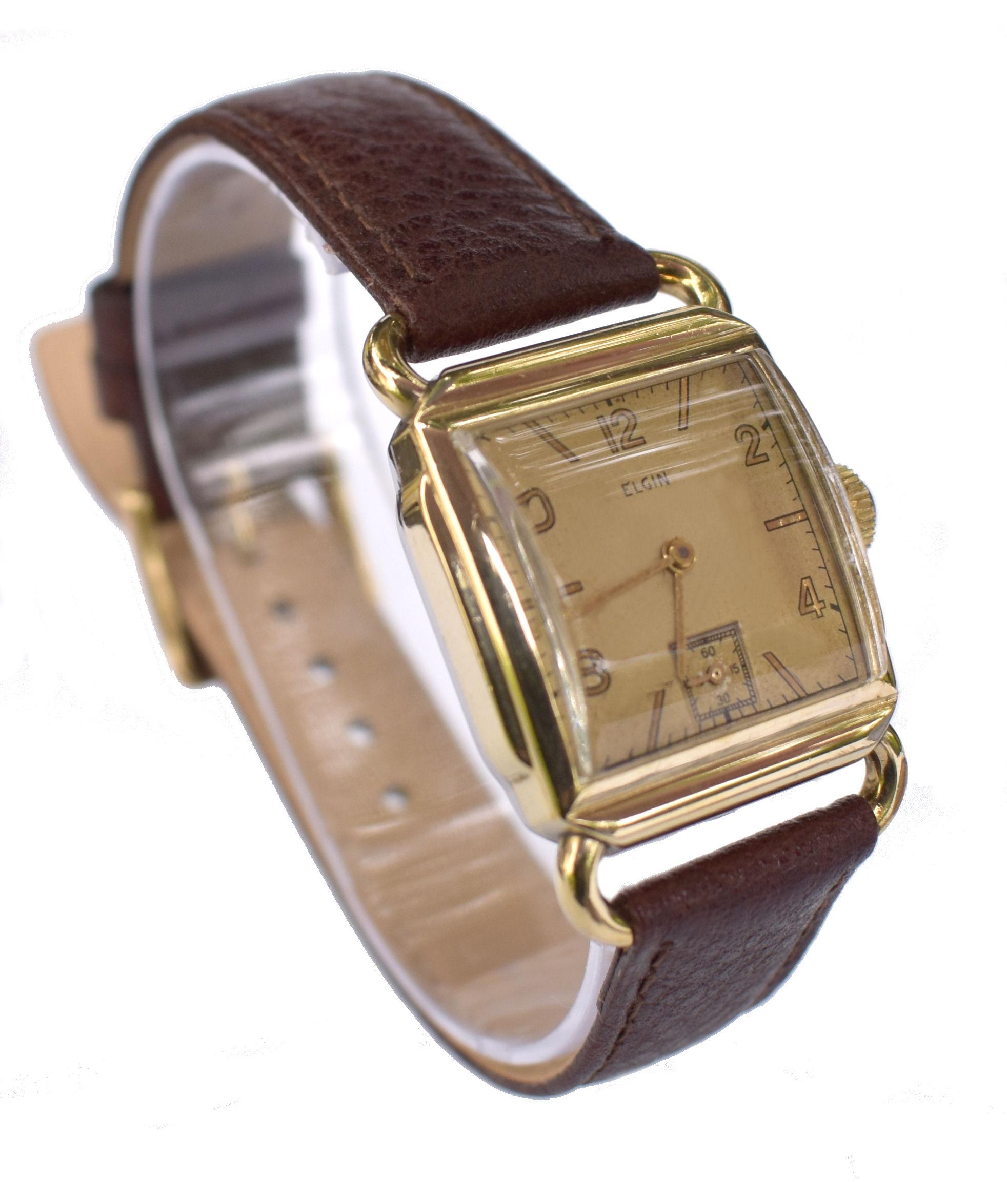 Art Deco 10k Gold gefüllte Herrenarmbanduhr von Elgin, Fully Serviced , um 1946 im Angebot 4