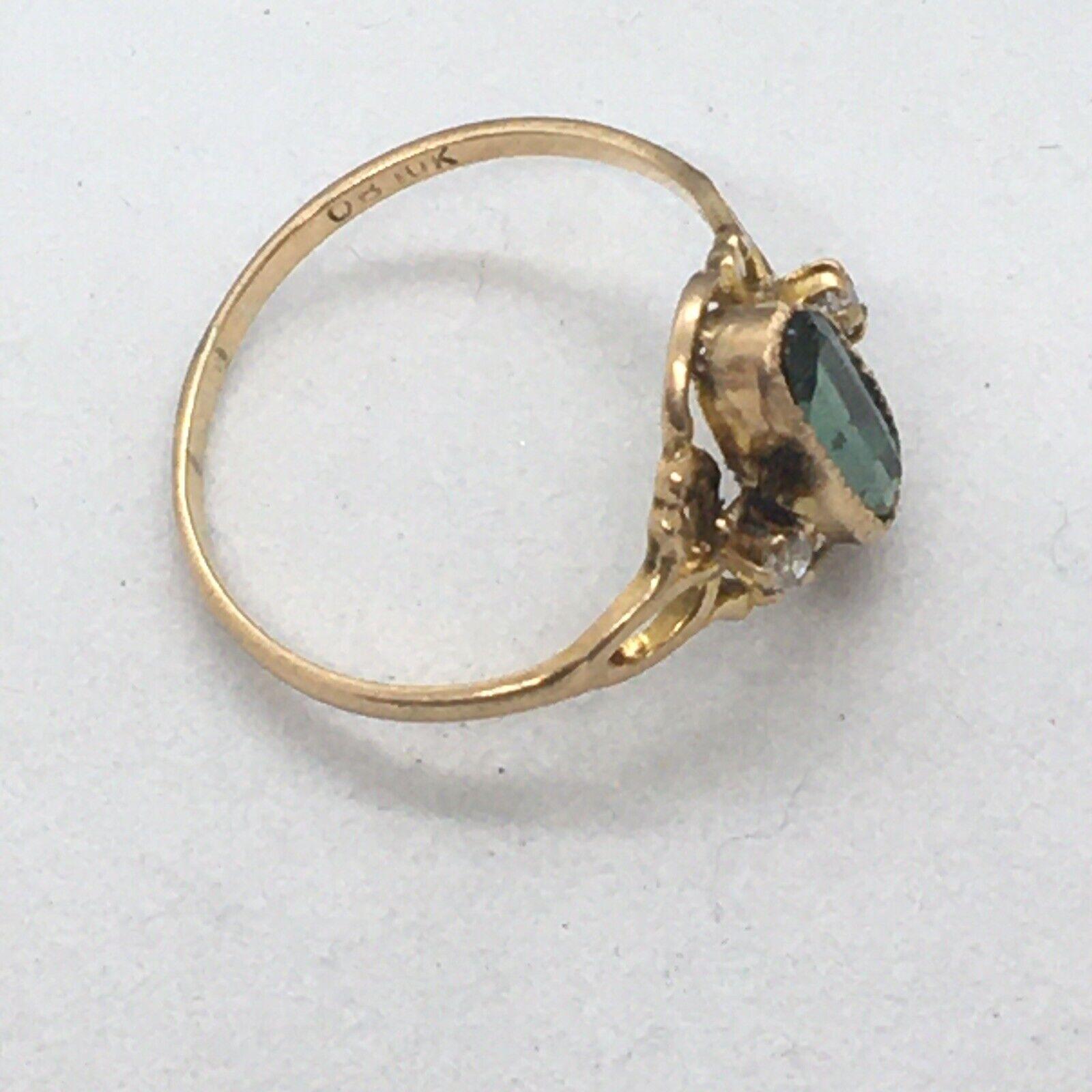 Emerald Cut Art Deco 10K Gold Green Tourmaline Single Cut Diamond Ring Ostby Barton 1920s