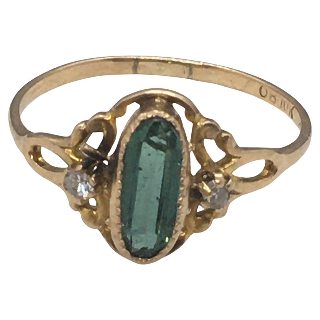 Art Deco 10K Gold Green Tourmaline Single Cut Diamond Ring Ostby Barton 1920s