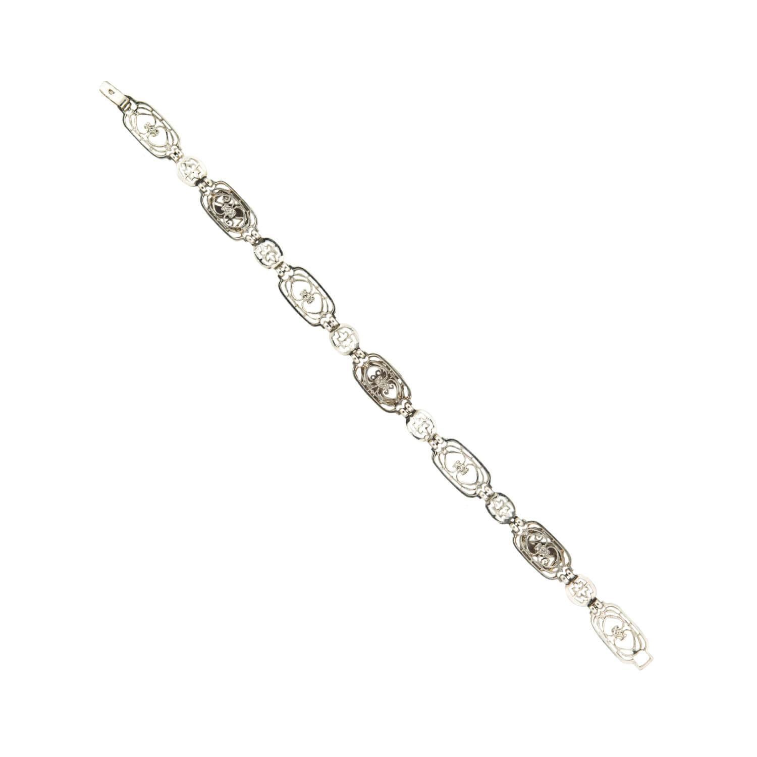 Taglio singolo Art Deco 10k/Platinum Diamond Filigree Bracelet in vendita