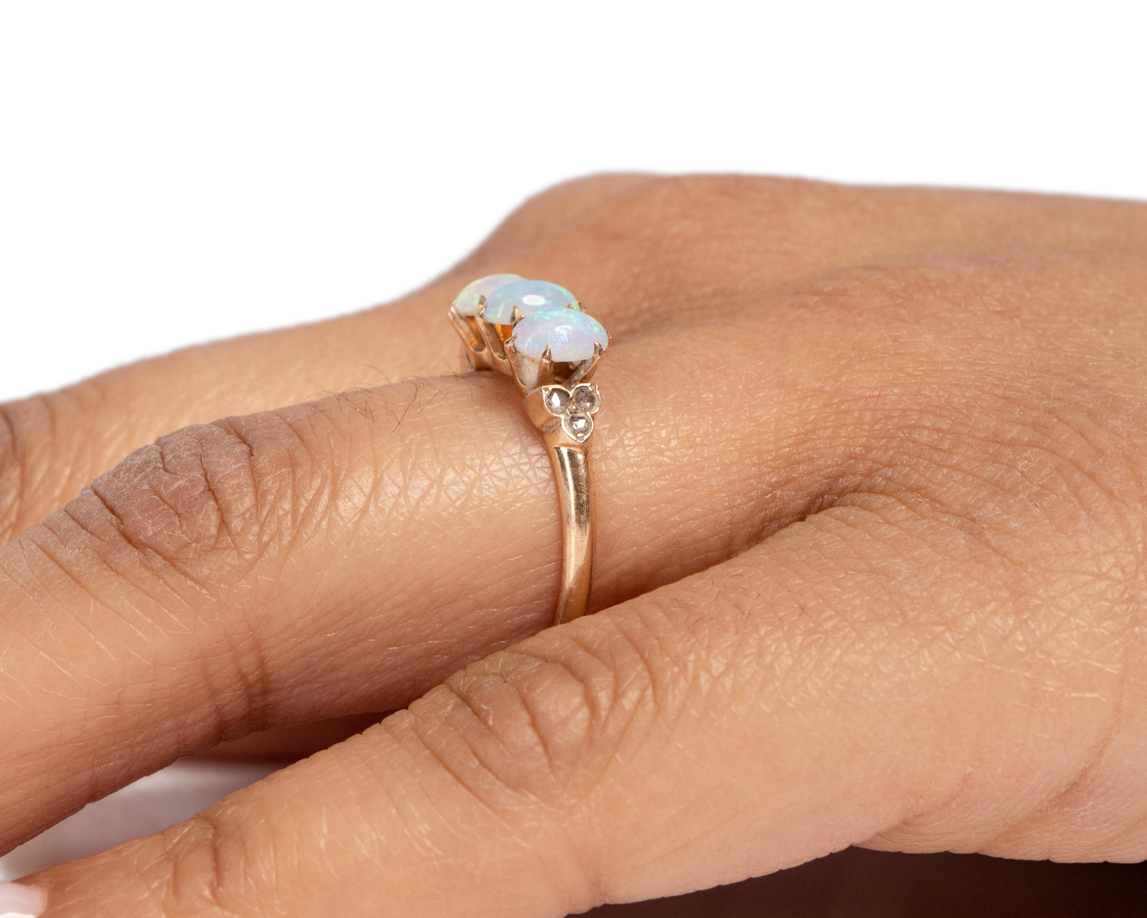 Women's or Men's Art Deco 10 Karat Rose Gold Opal and Diamond 3-Stone Vintage Ring