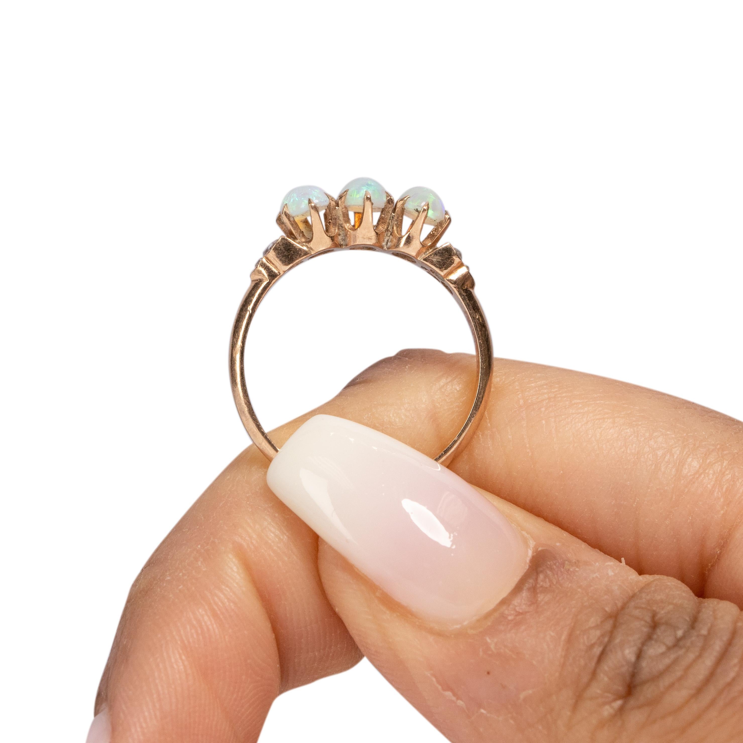 Art Deco 10 Karat Rose Gold Opal and Diamond 3-Stone Vintage Ring 1