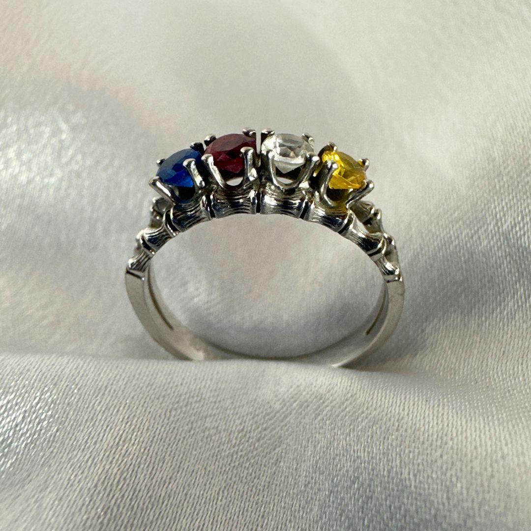 Brilliant Cut Art Deco 10k White Gold & 4 Color Gemstone Cocktail Ring for Women Size 5.75 For Sale