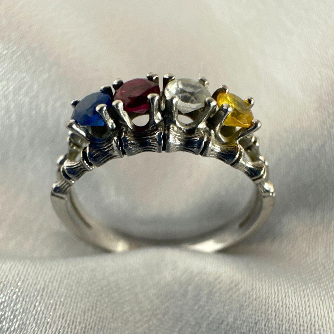 Art Deco 10k White Gold & 4 Color Gemstone Cocktail Ring for Women Size 5.75 In Excellent Condition For Sale In Jacksonville, FL