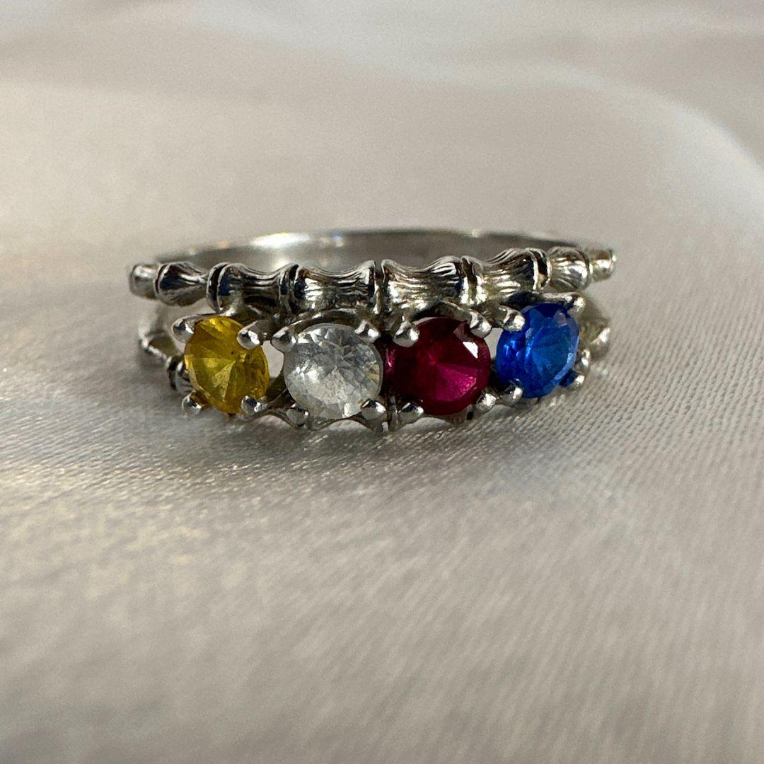 Art Deco 10k White Gold & 4 Color Gemstone Cocktail Ring for Women Size 5.75 For Sale 1