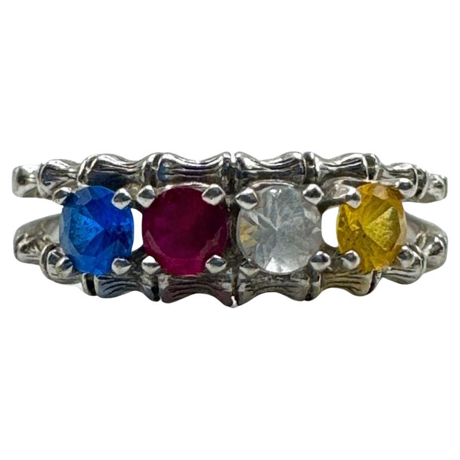 Art Deco 10k White Gold & 4 Color Gemstone Cocktail Ring for Women Size 5.75 For Sale