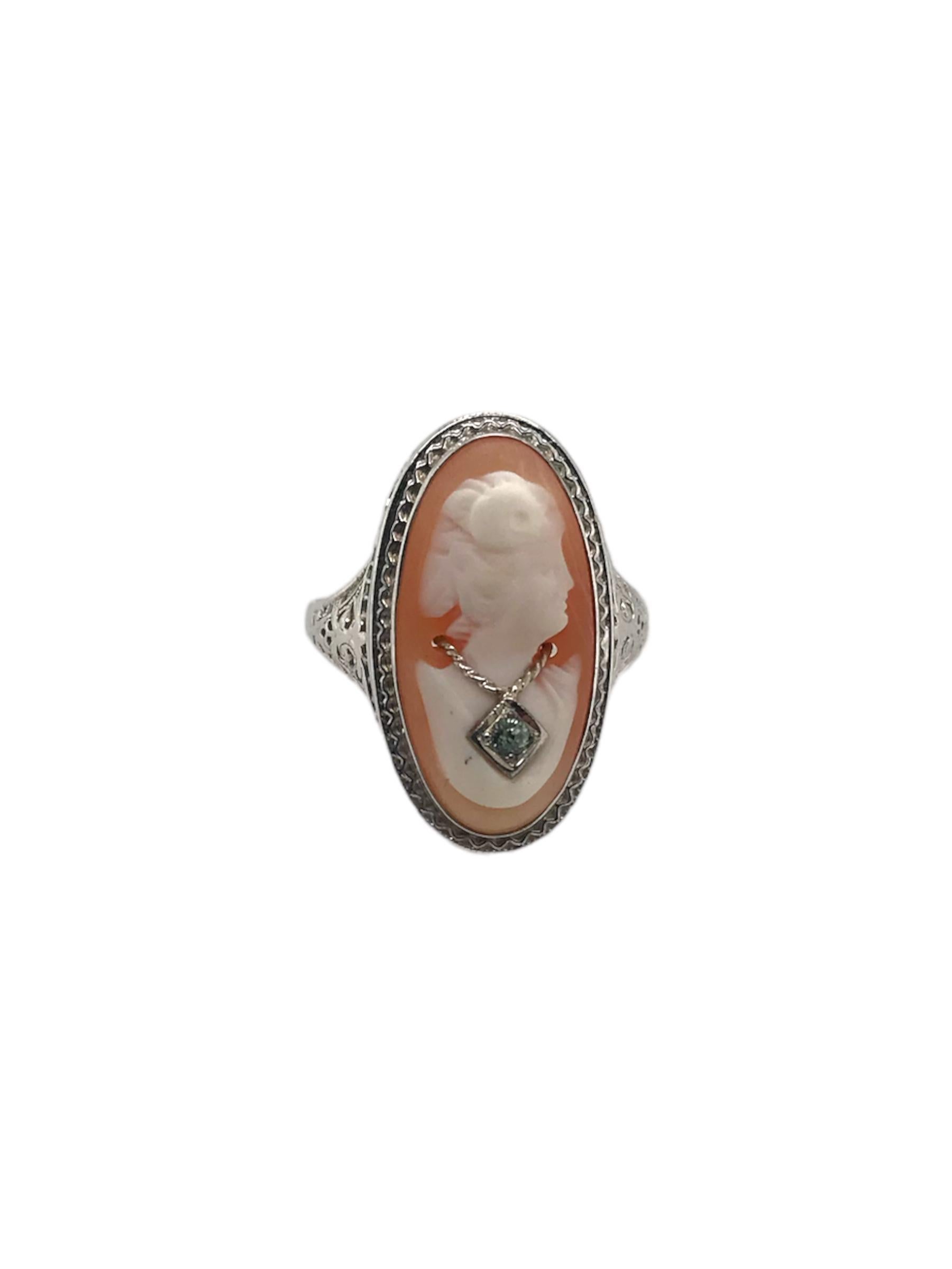 Women's Art Deco 10K White Gold Cameo Ring For Sale