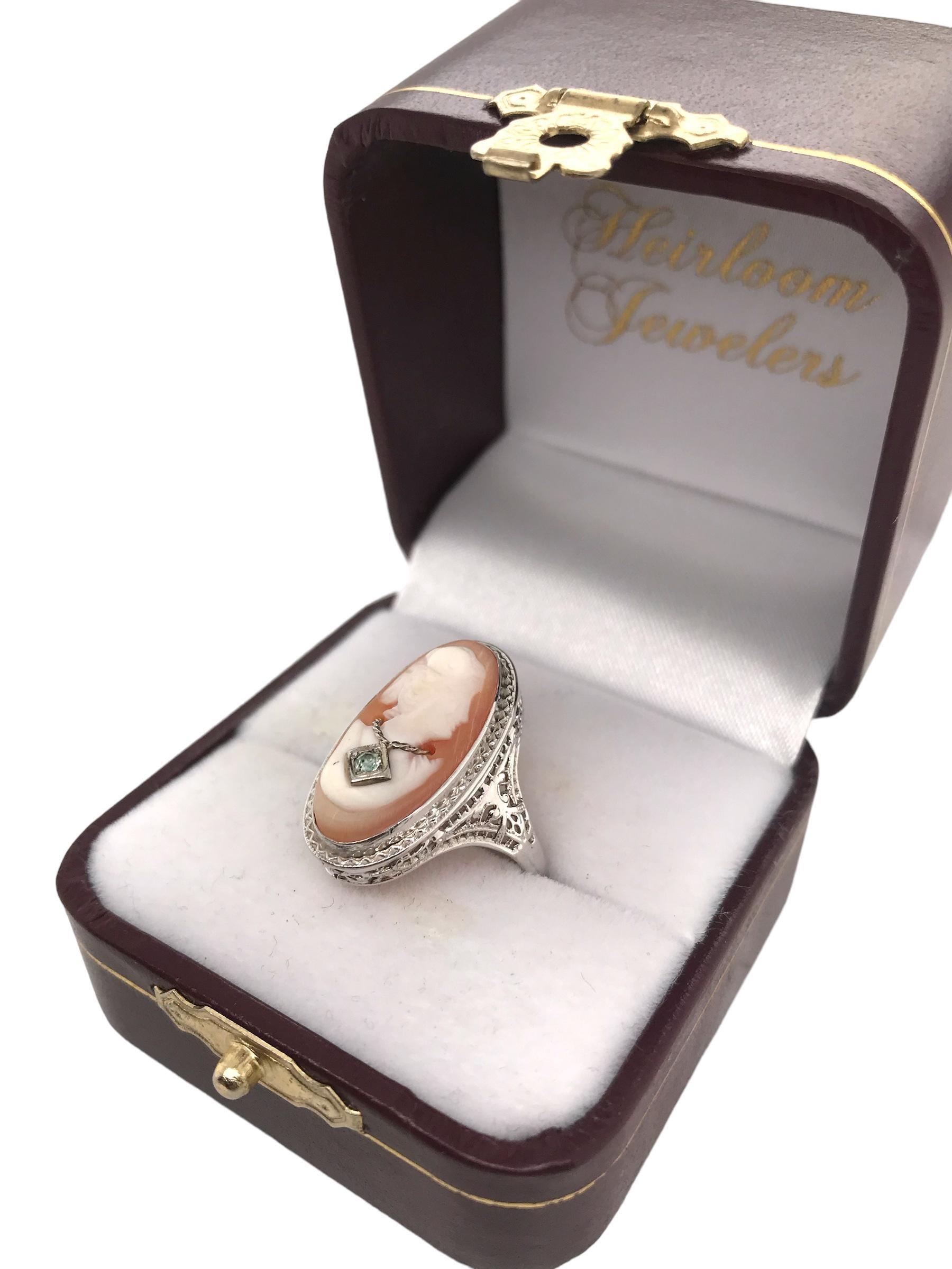 Art Deco 10K White Gold Cameo Ring For Sale 4
