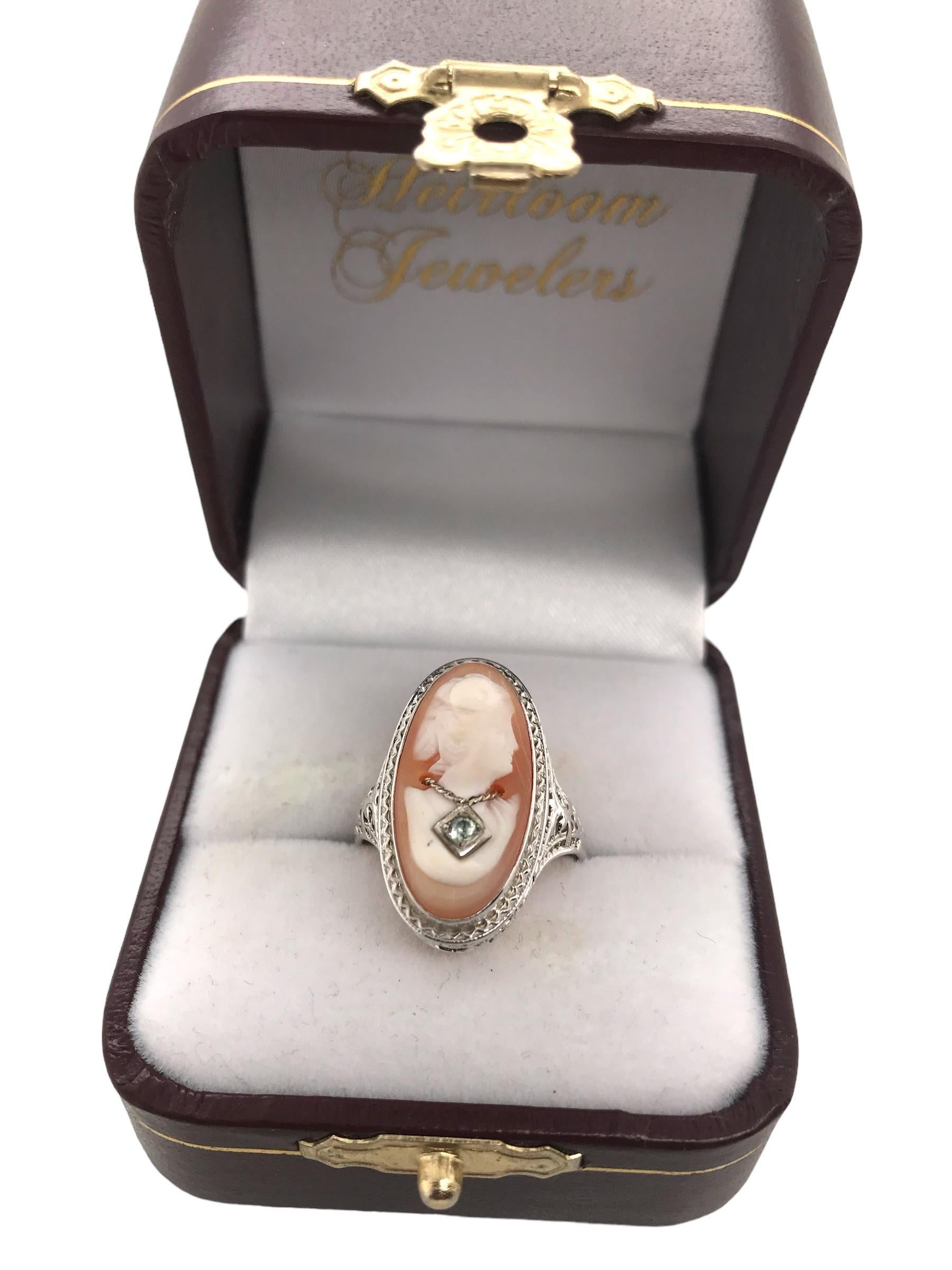 Art Deco 10K White Gold Cameo Ring For Sale 5