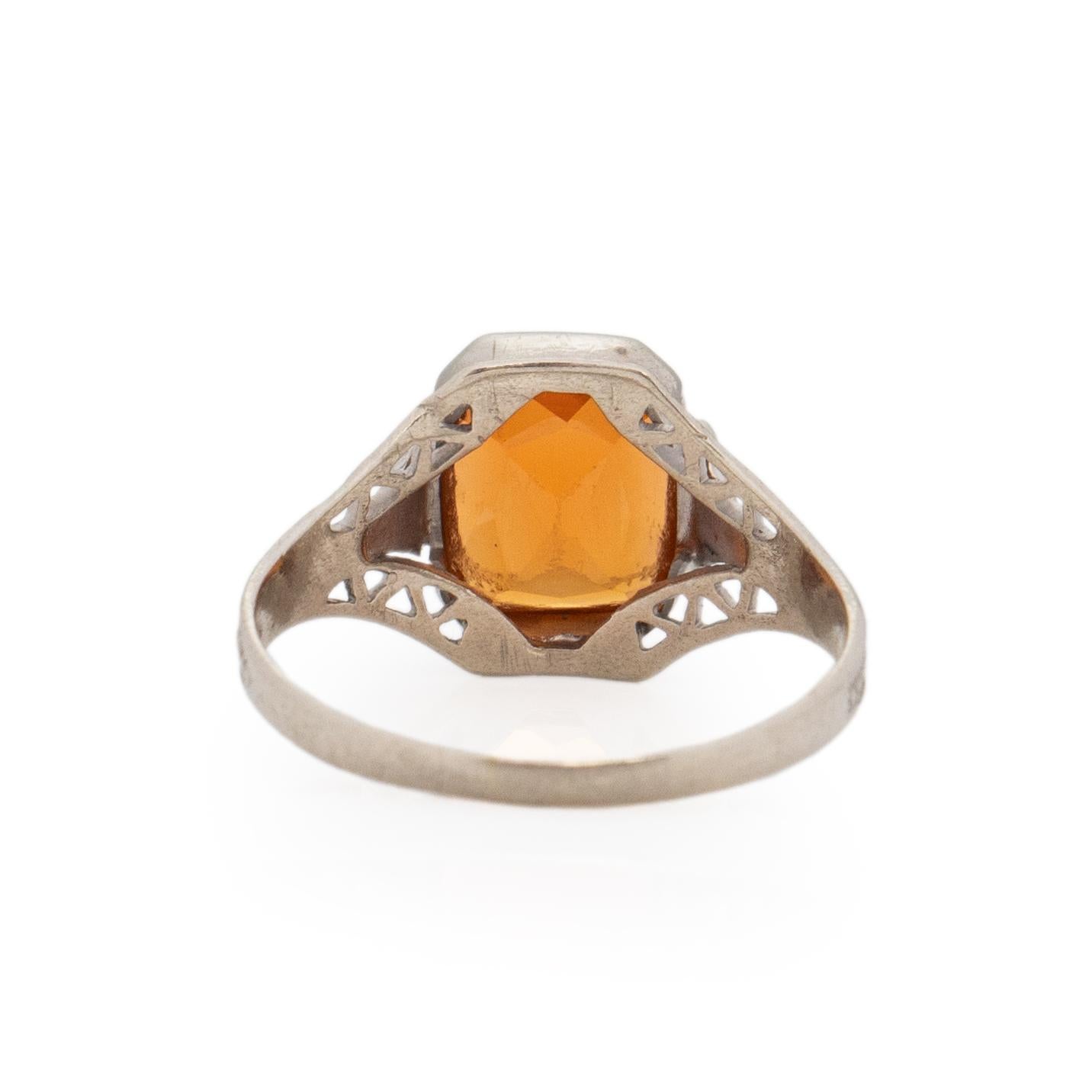 Art Deco 10K White Gold Filigree and Citrine Vintage Fashion Ring In Fair Condition In Addison, TX