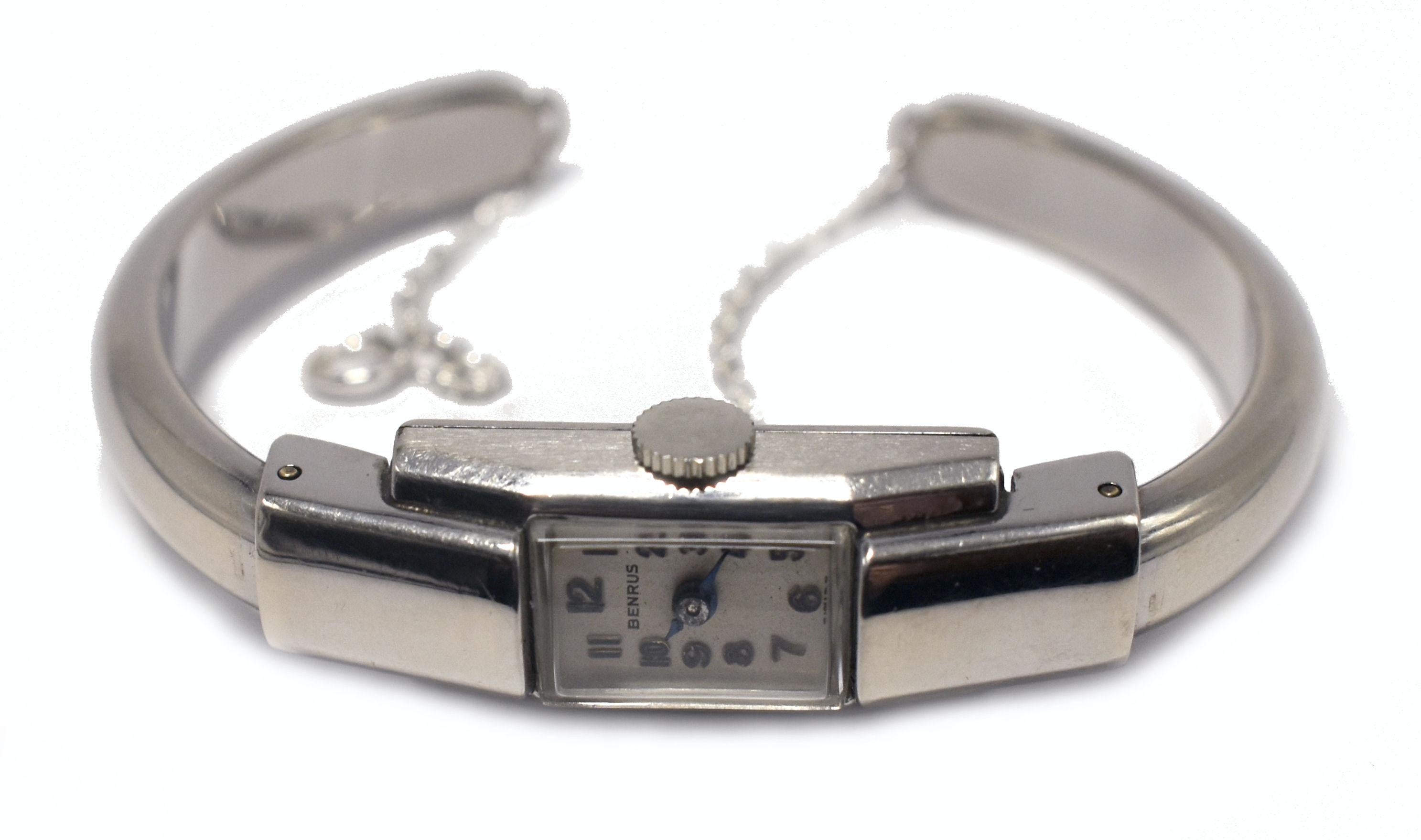 Art Deco 10k White Gold Filled Ladies Benrus Bracelet Watch, circa 1940 For Sale 4