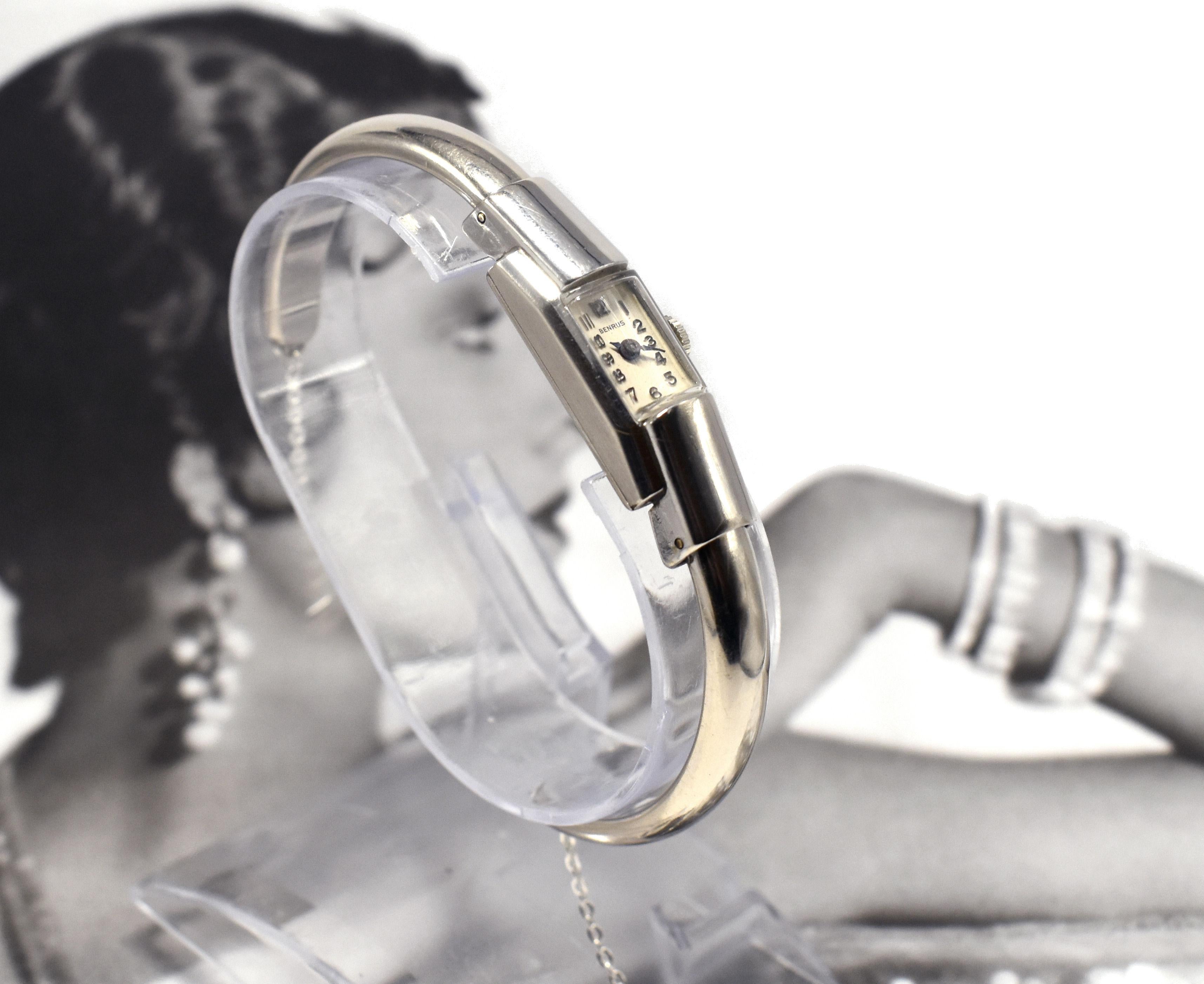 Art déco Montre bracelet Benrus pour dames en or blanc 10k, circa 1940 en vente 3