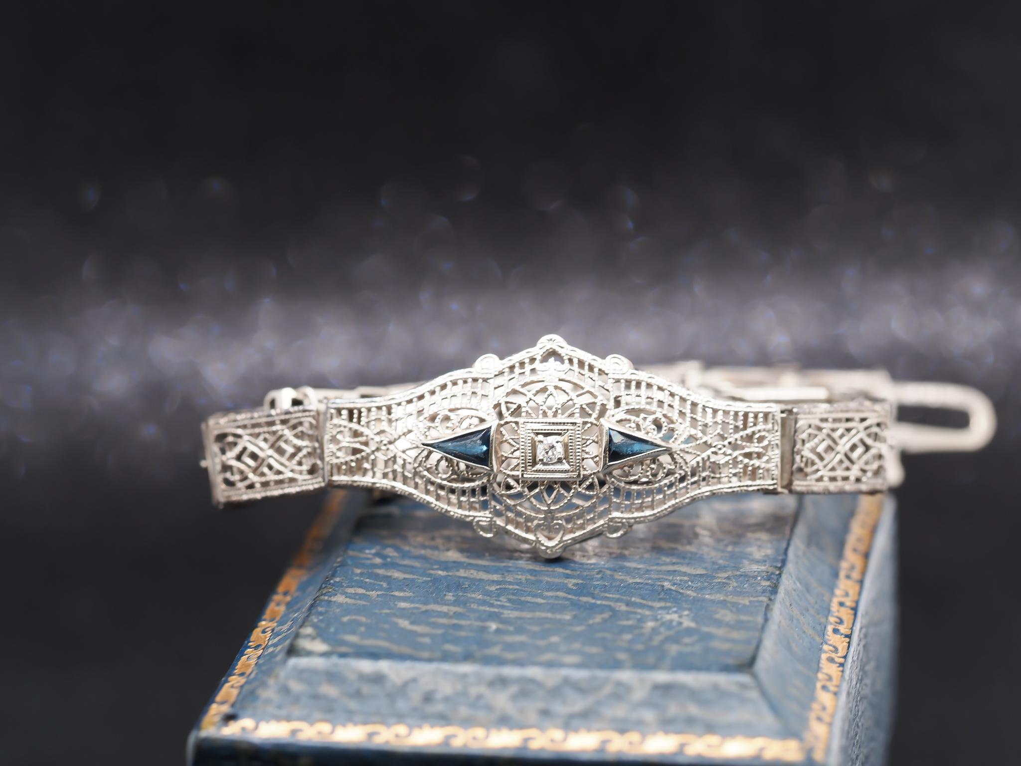 Year: 1930s
Item Details:
Metal Type: 10K White Gold [Hallmarked, and Tested]
Weight: 8.5 grams (All Items Total)
Diamond Details: Natural Diamond, Antique Single Cut, F Color, VS Clarity, .05ct
Sapphire Details: Blue, Triangular Shape, Synthetic,