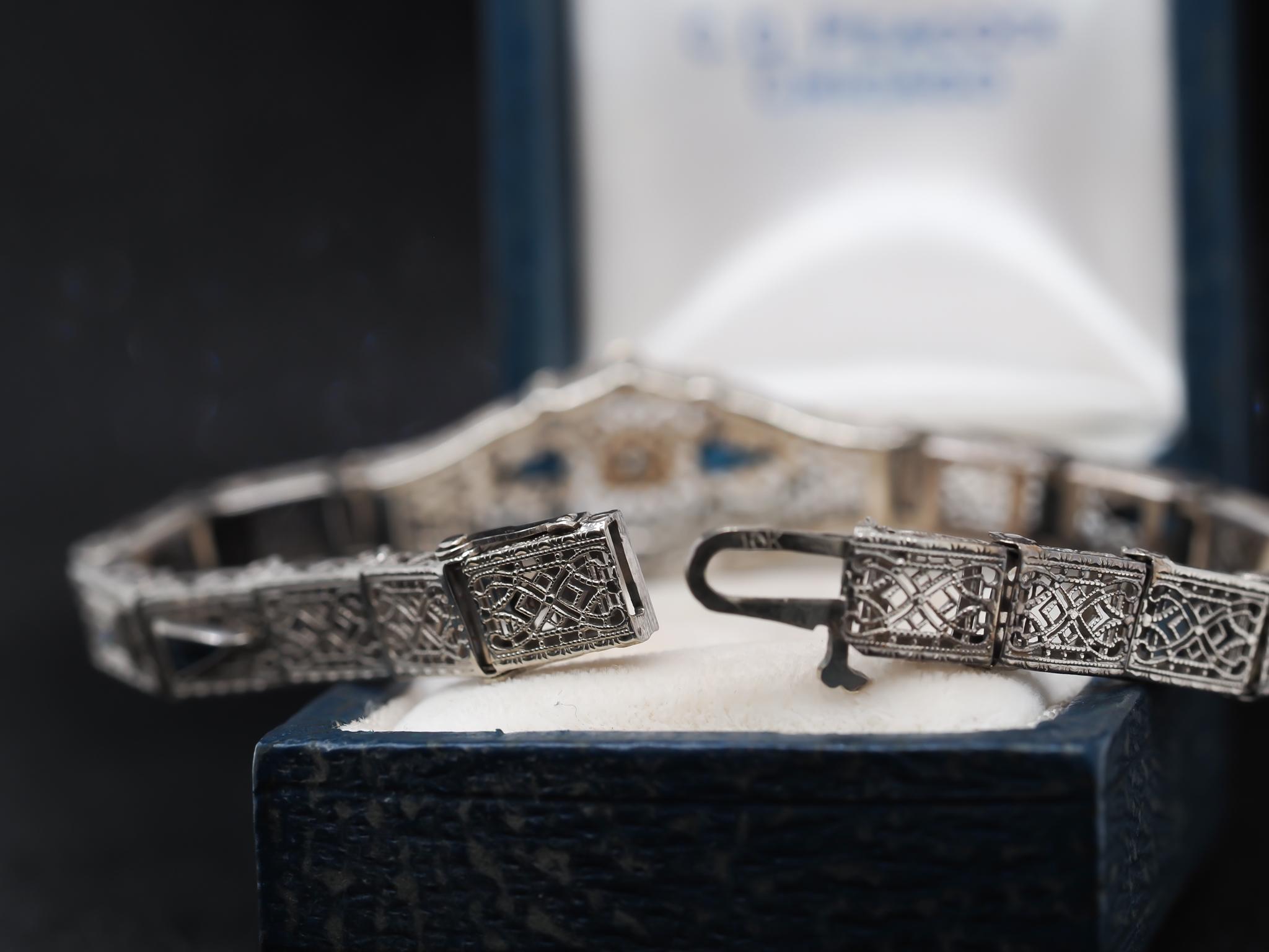 Single Cut Art Deco 10K White Gold Sapphire and Diamond Bracelet For Sale