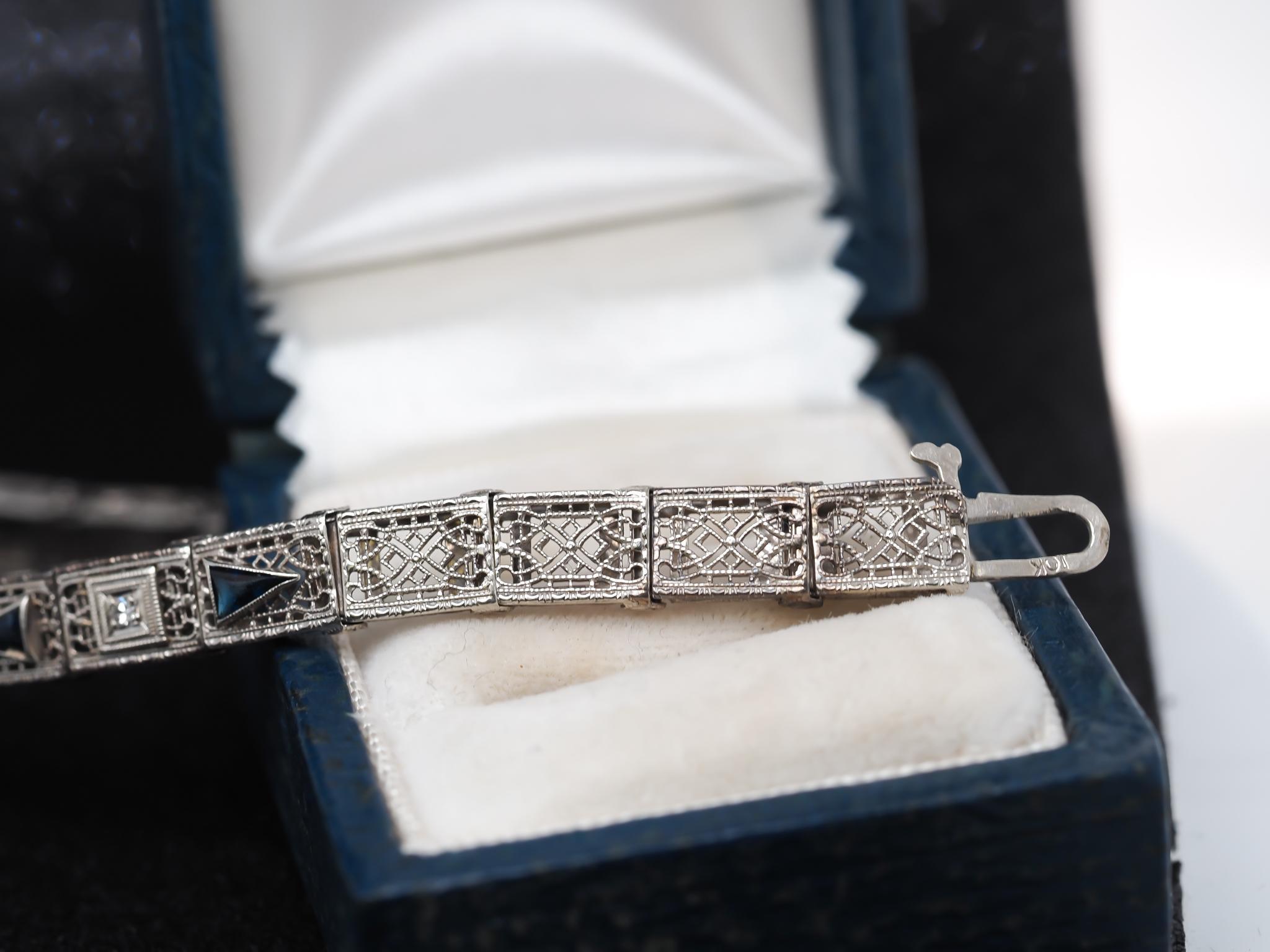 Art Deco 10K White Gold Sapphire and Diamond Bracelet In Good Condition For Sale In Hicksville, NY
