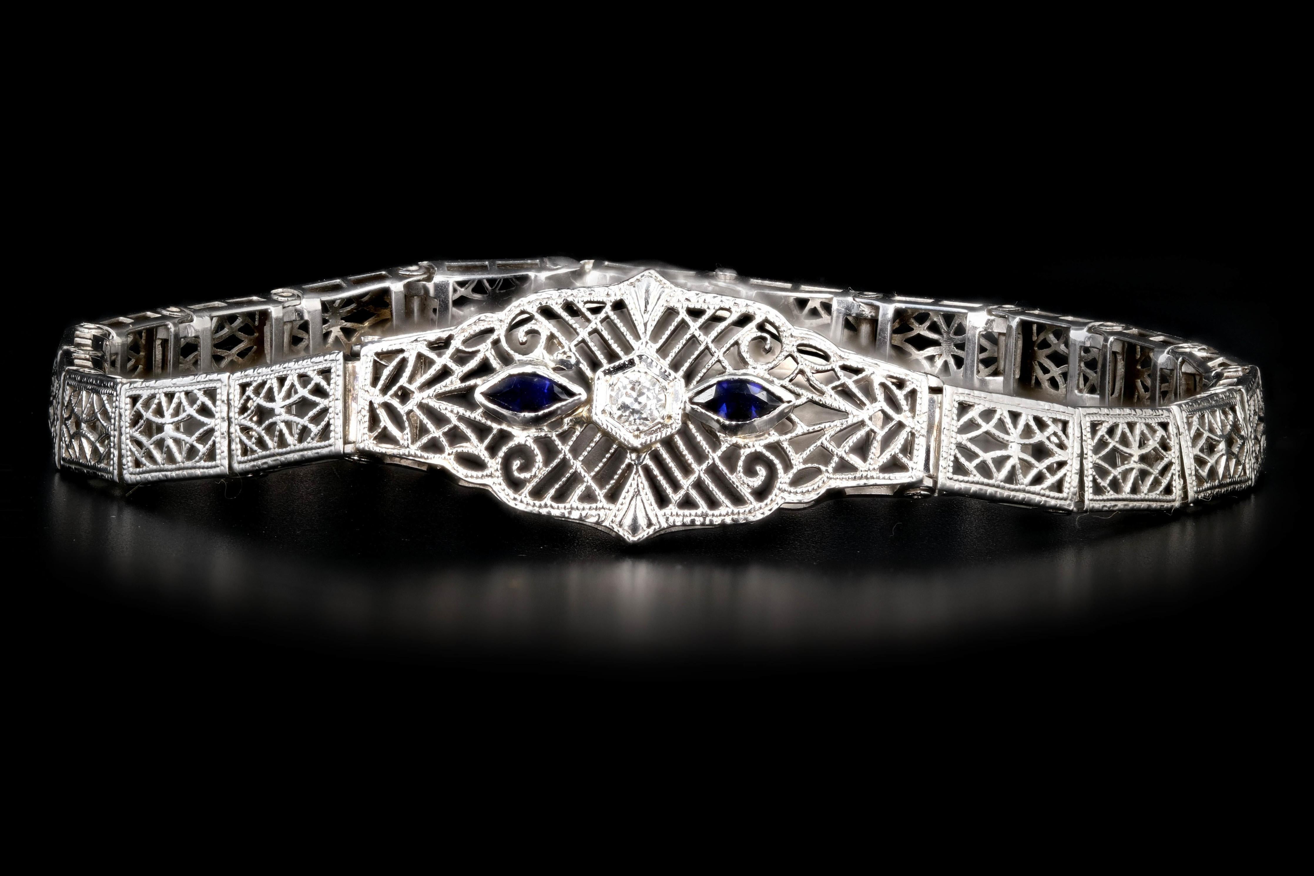 Women's Art Deco 10K White Gold Sapphire and Diamond Filigree Bracelet